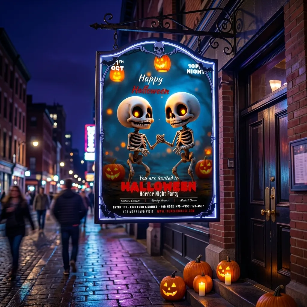 Halloween party invitation flyer template with cute skeleton theme and spooky night event design mockup one