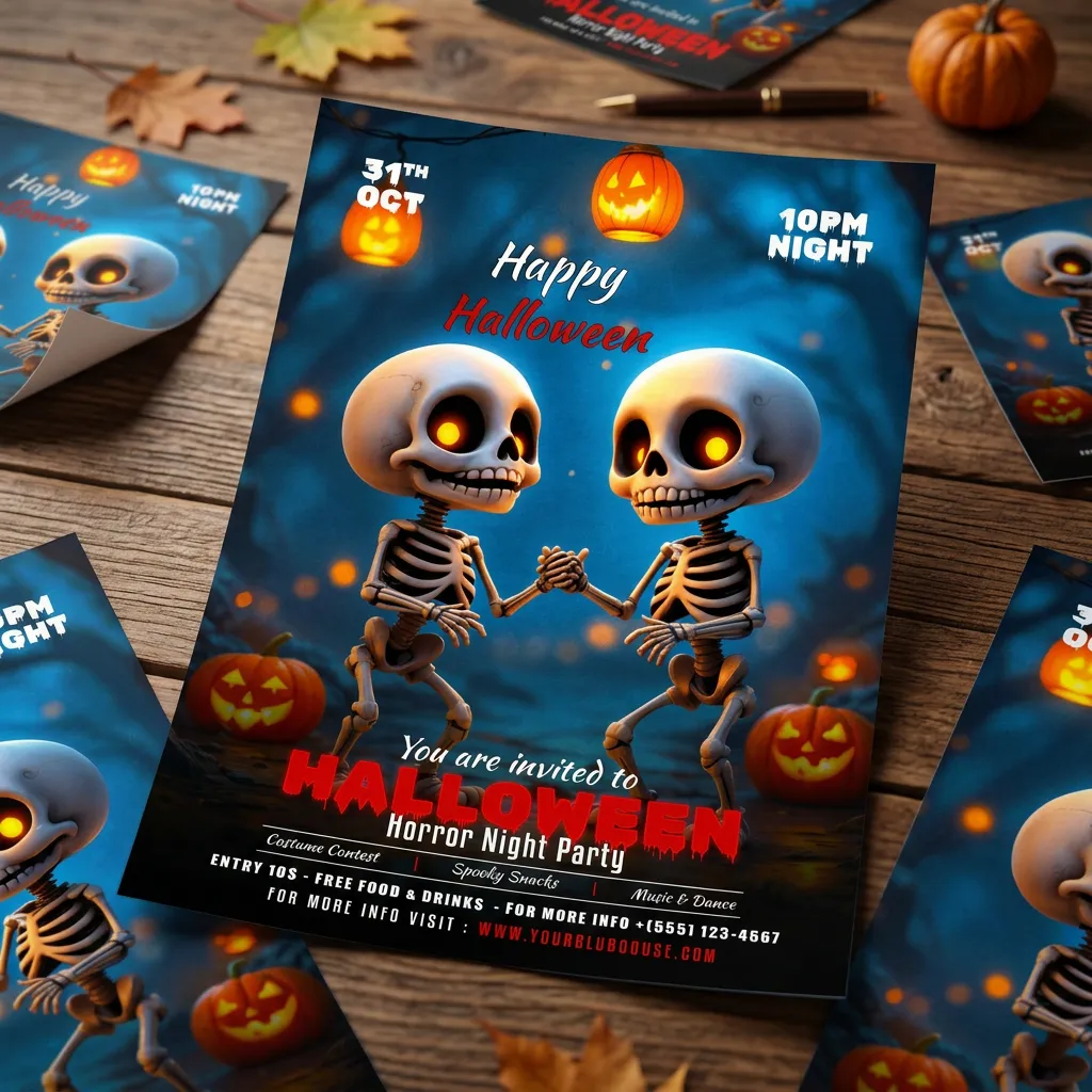 Halloween party invitation flyer template with cute skeleton theme and spooky night event design mockup two