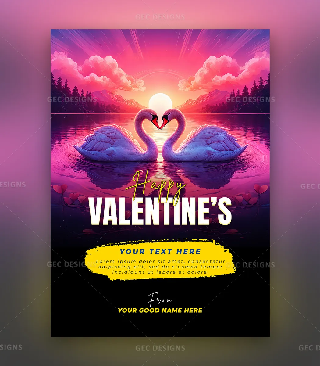 Happy Valentine’s Day flyer template with two Swans in love concept background