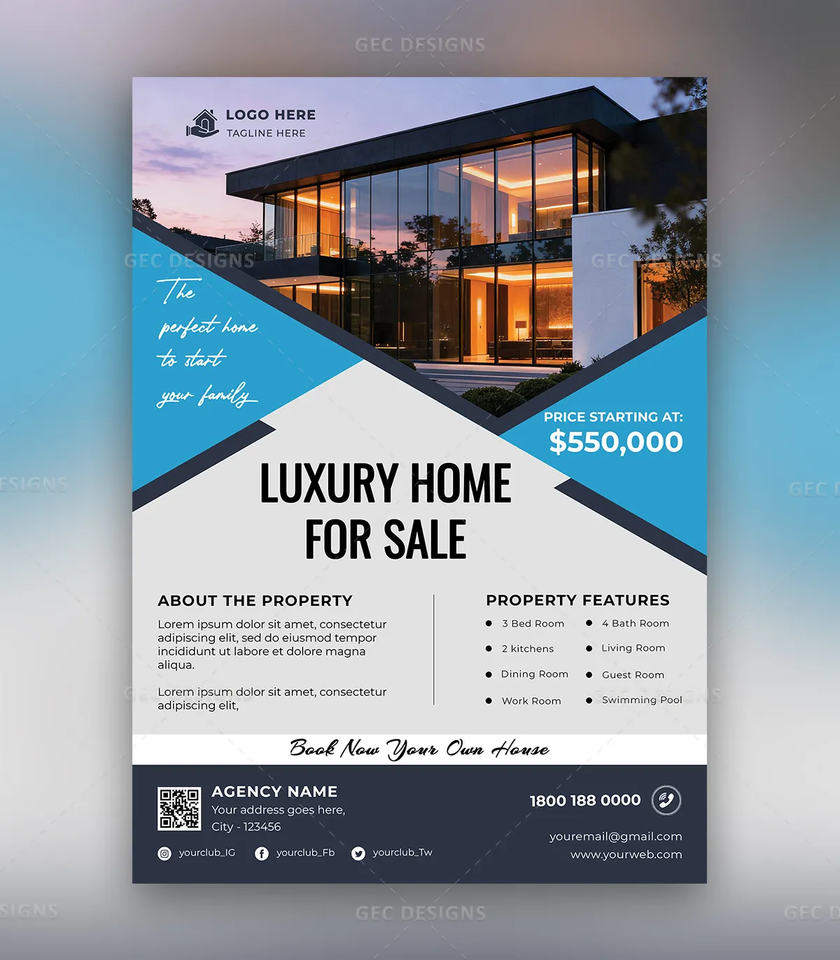 Luxury Real Estate Flyer Template for Modern Home Sale Ad with Blue Geometric Flyer Design