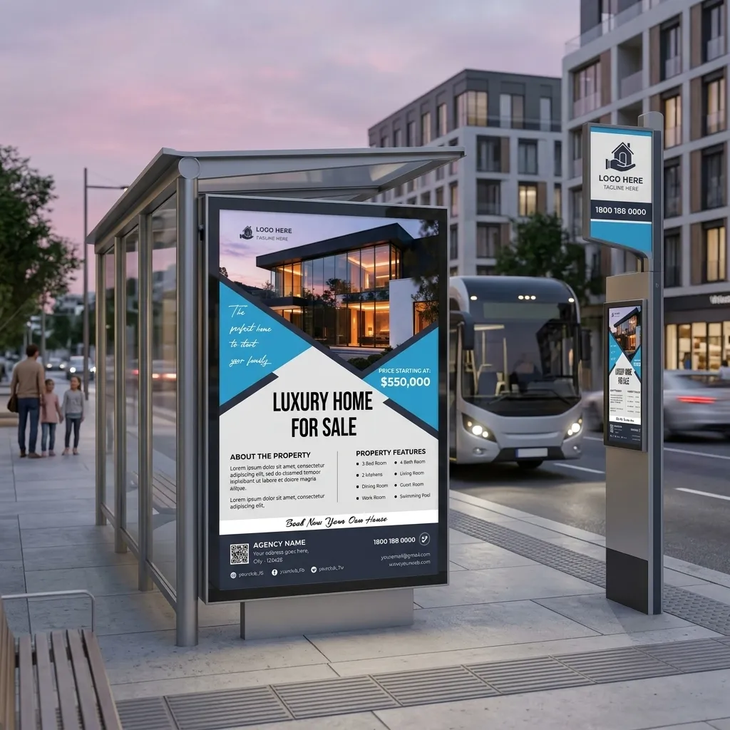 Luxury real estate flyer template for modern home sale ad with blue geometric flyer design mockup one