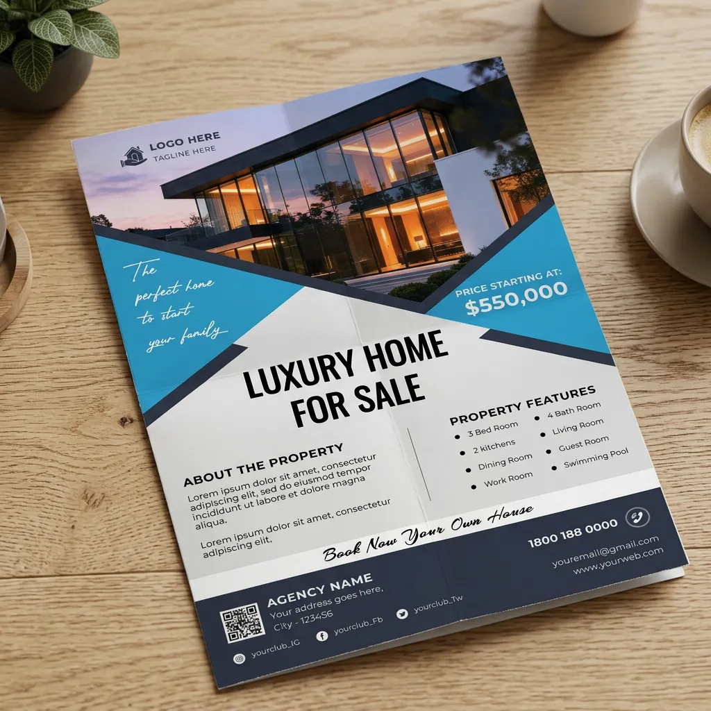 Luxury real estate flyer template for modern home sale ad with blue geometric flyer design mockup two