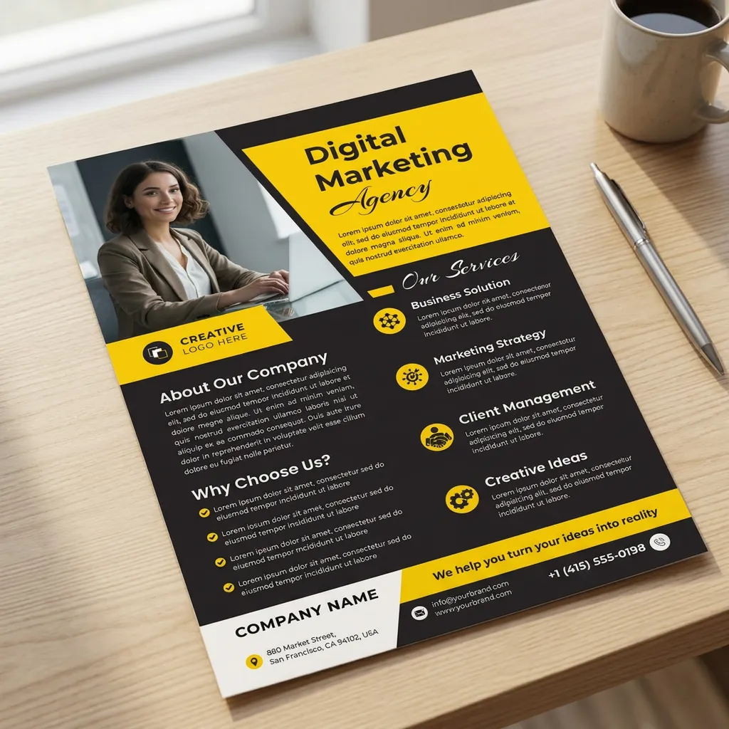 Modern digital marketing services flyer template with yellow and black design for agencies mockup one