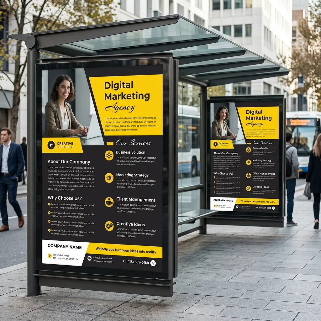 Modern digital marketing services flyer template with yellow and black design for agencies mockup two