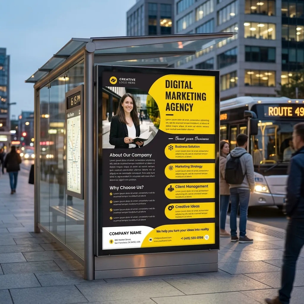 Modern digital marketing services flyer template with yellow and black layout for agencies mockup one