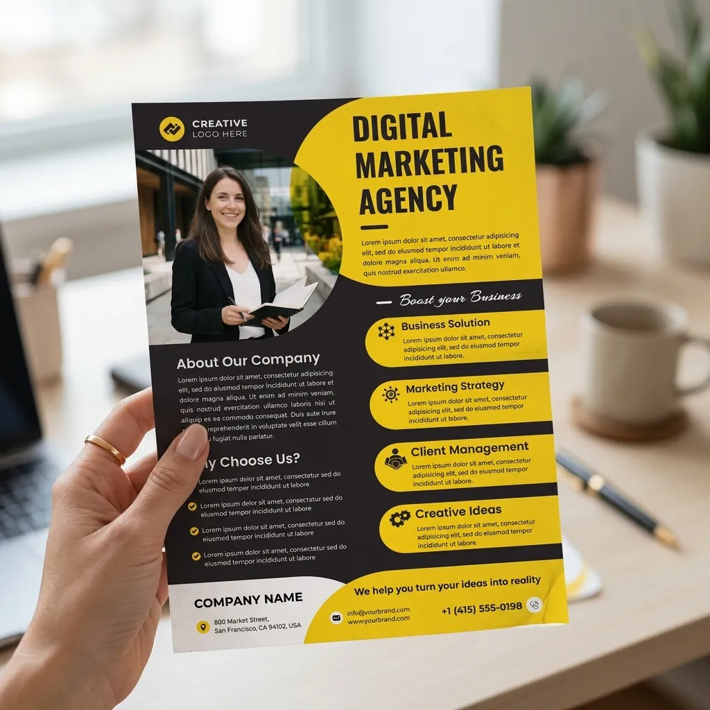 Modern digital marketing services flyer template with yellow and black layout for agencies mockup two