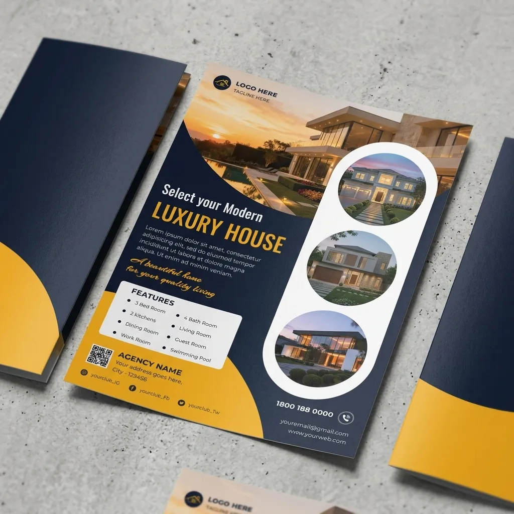 Premium real estate flyer template for luxury house promotion with modern geometric design mockup two