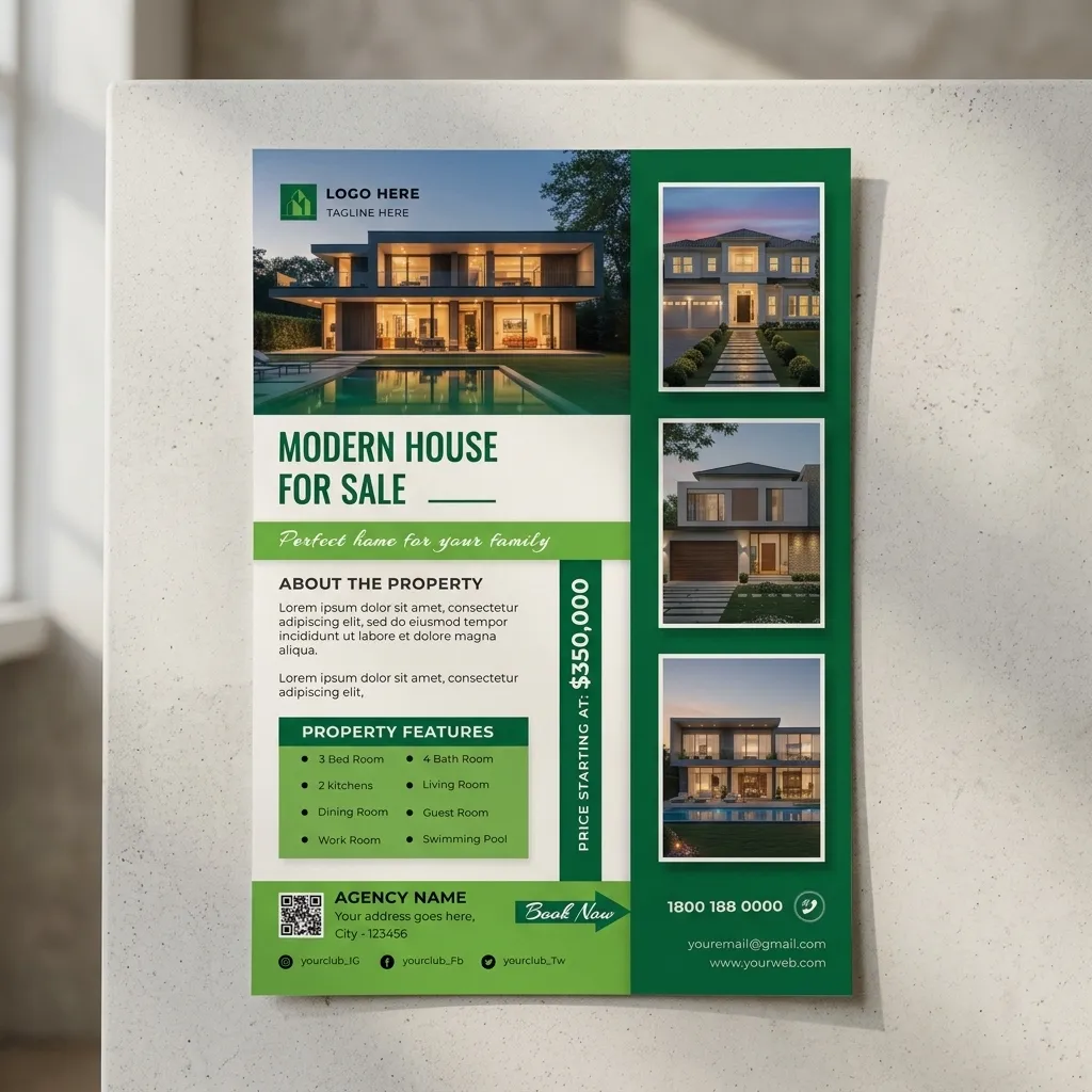 Premium real estate flyer template for modern house sale with clean green design mockup two