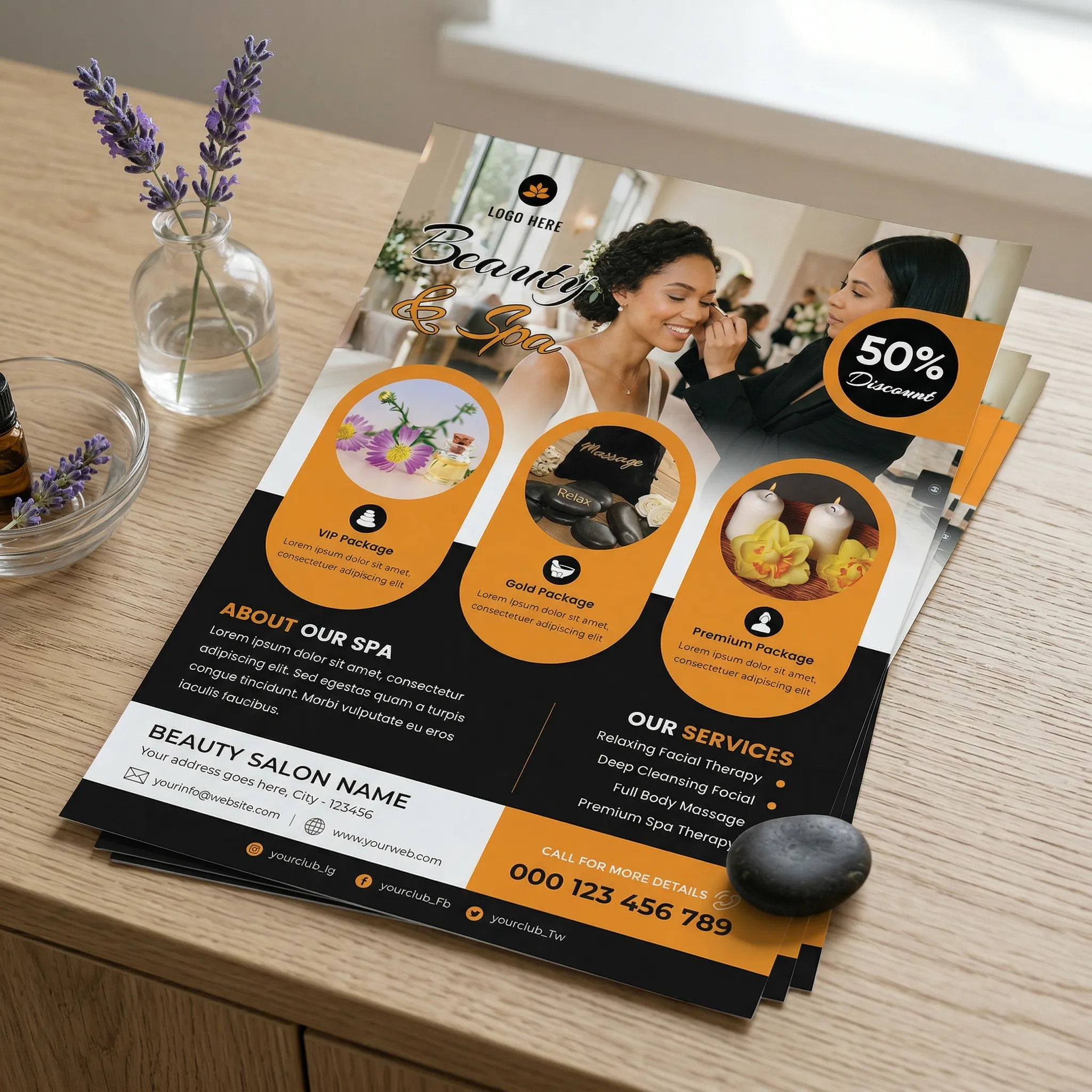 Professional beauty spa flyer template PSD for salon services and wellness marketing mockup two