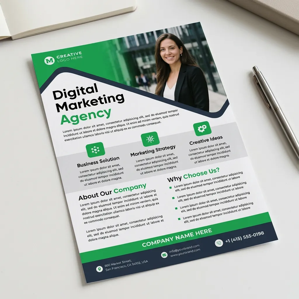 Professional digital marketing services flyer design with clean green and white business style mockup two