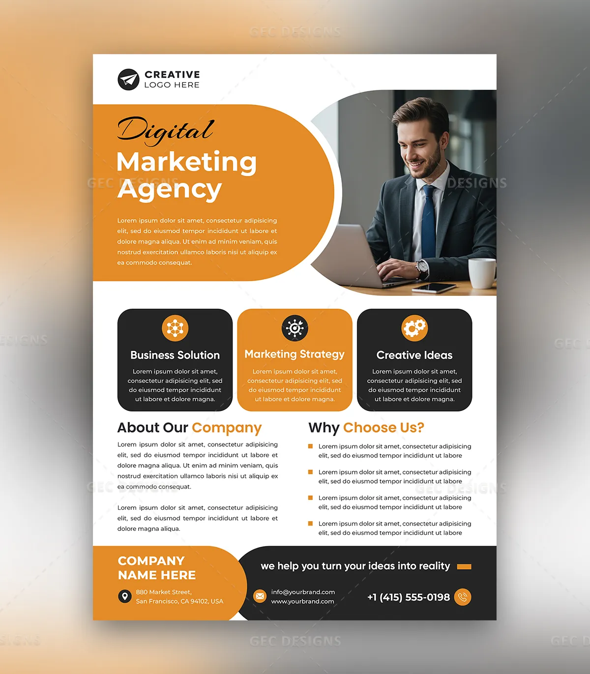 Professional Digital Marketing Services Flyer Template with Bold Orange Branding and Modern Layout