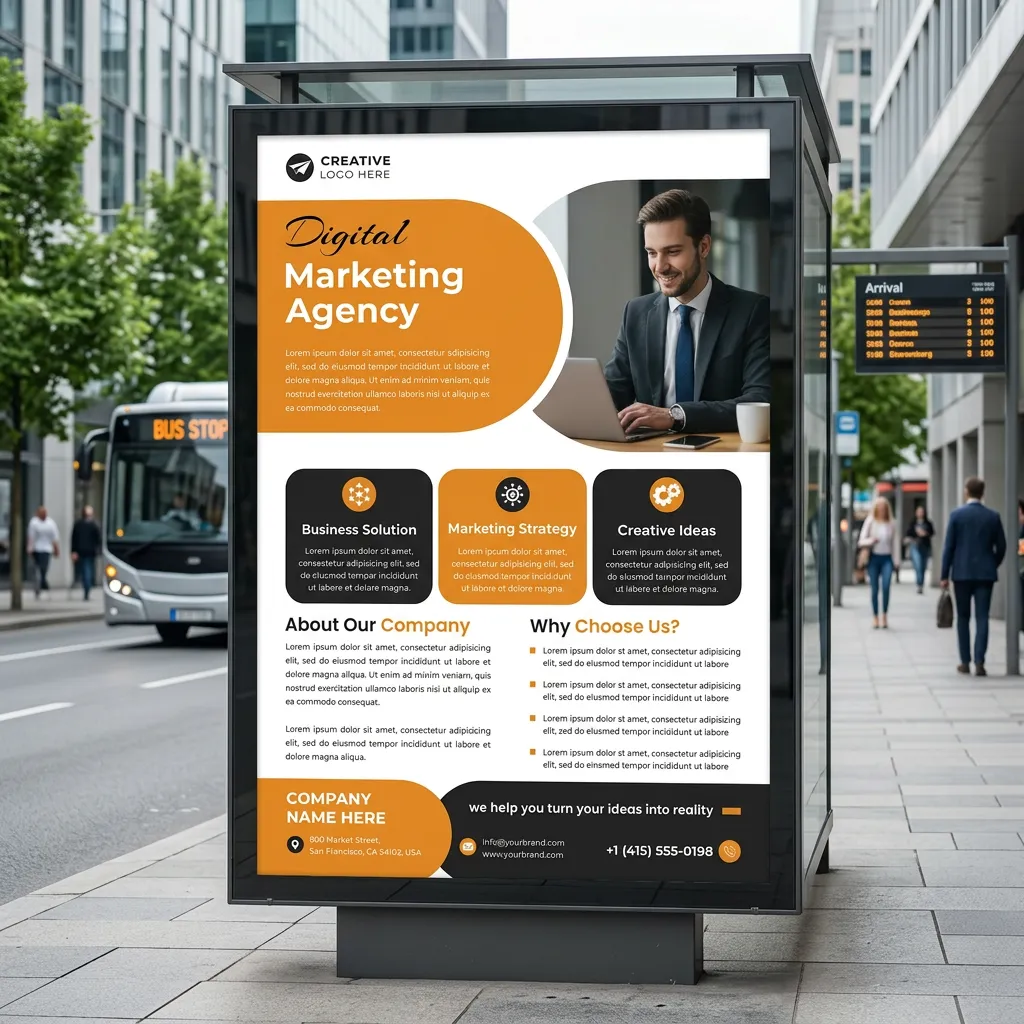 Professional digital marketing services flyer template with bold orange branding and modern layout mockup one