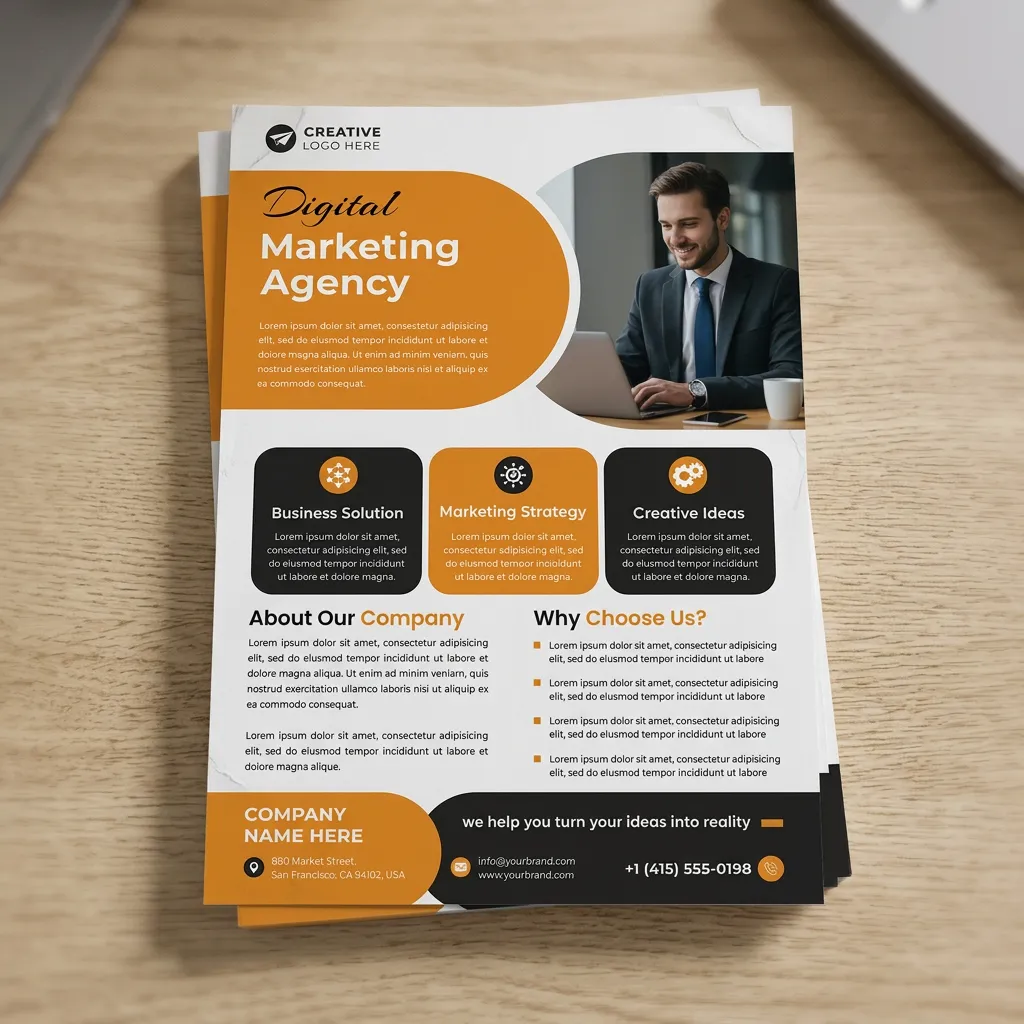 Professional digital marketing services flyer template with bold orange branding and modern layout mockup two