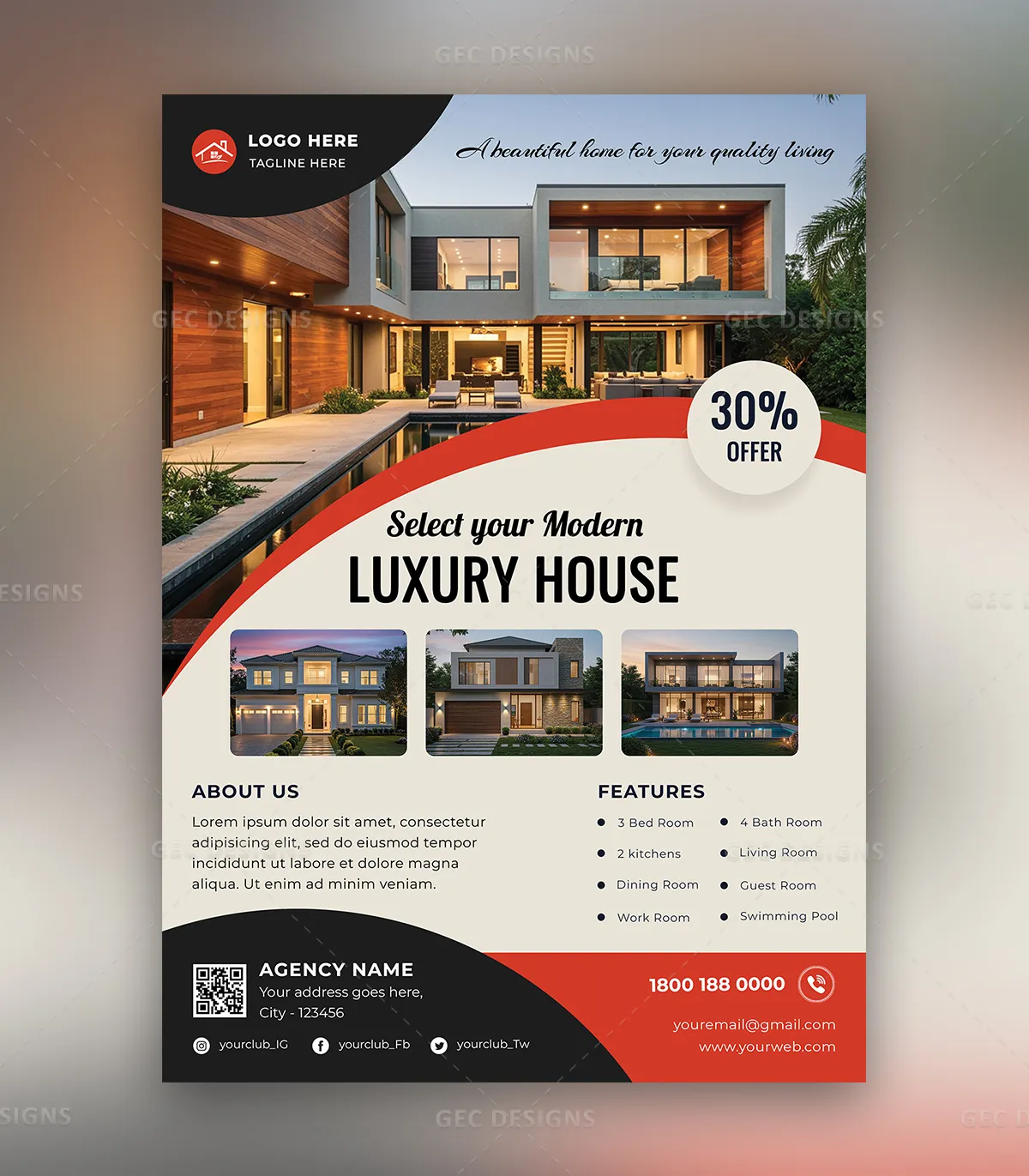 Real Estate Flyer Template for Luxury House Promotion with Red Modern Design Layout