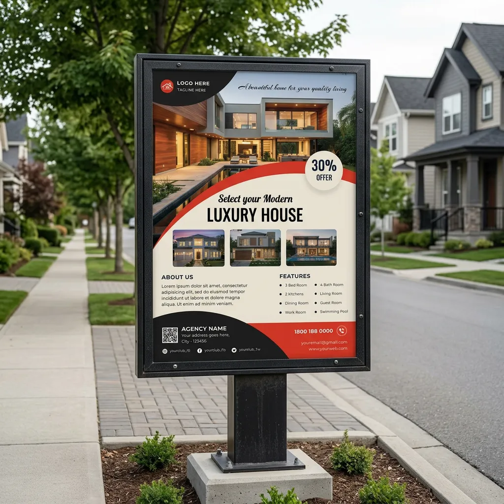 Real estate flyer template for luxury house promotion with red modern design layout mockup one