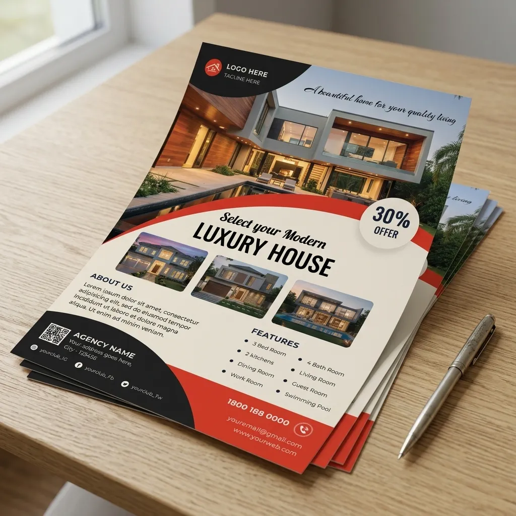 Real estate flyer template for luxury house promotion with red modern design layout mockup two