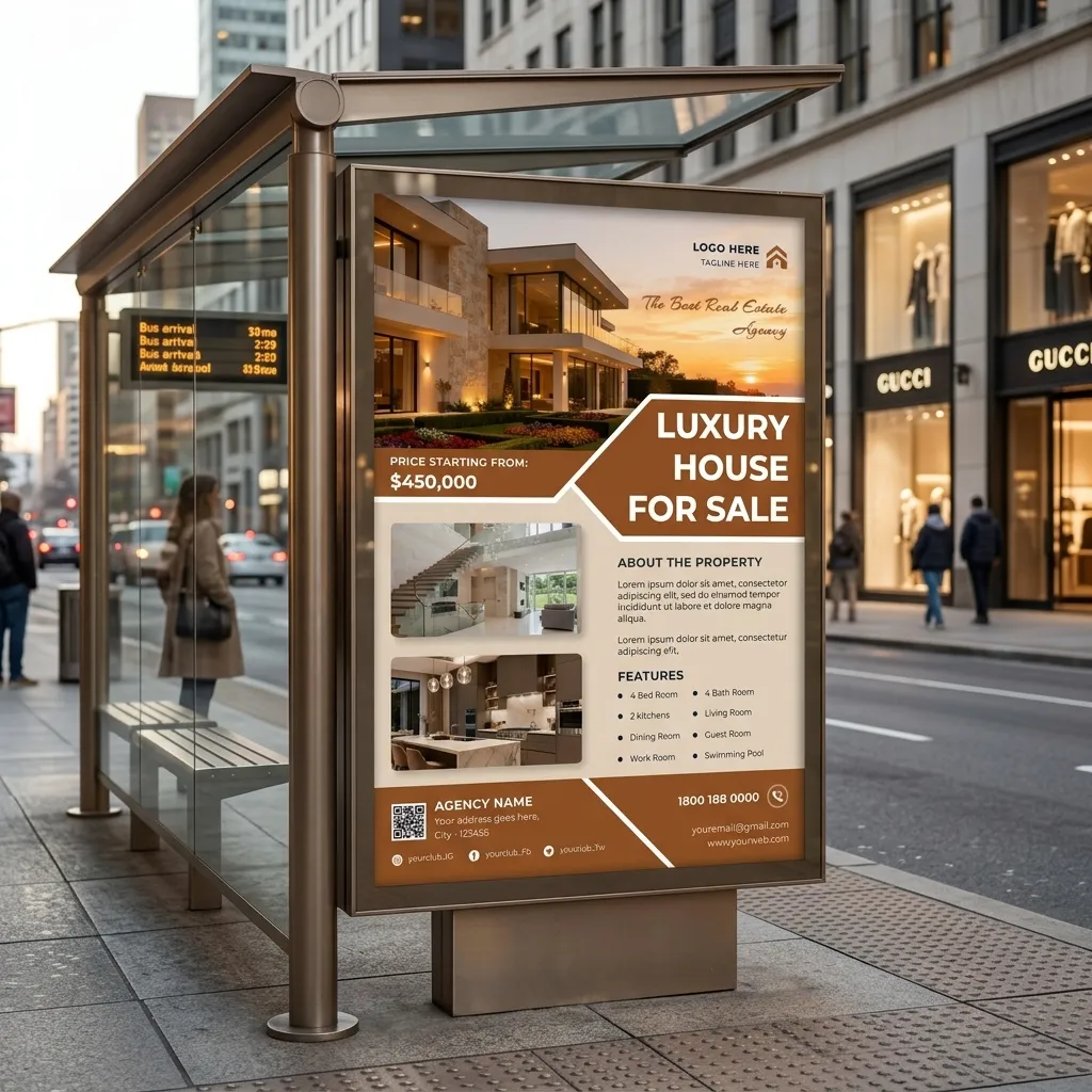 Real estate flyer template for luxury house sale with elegant brown modern design mockup one