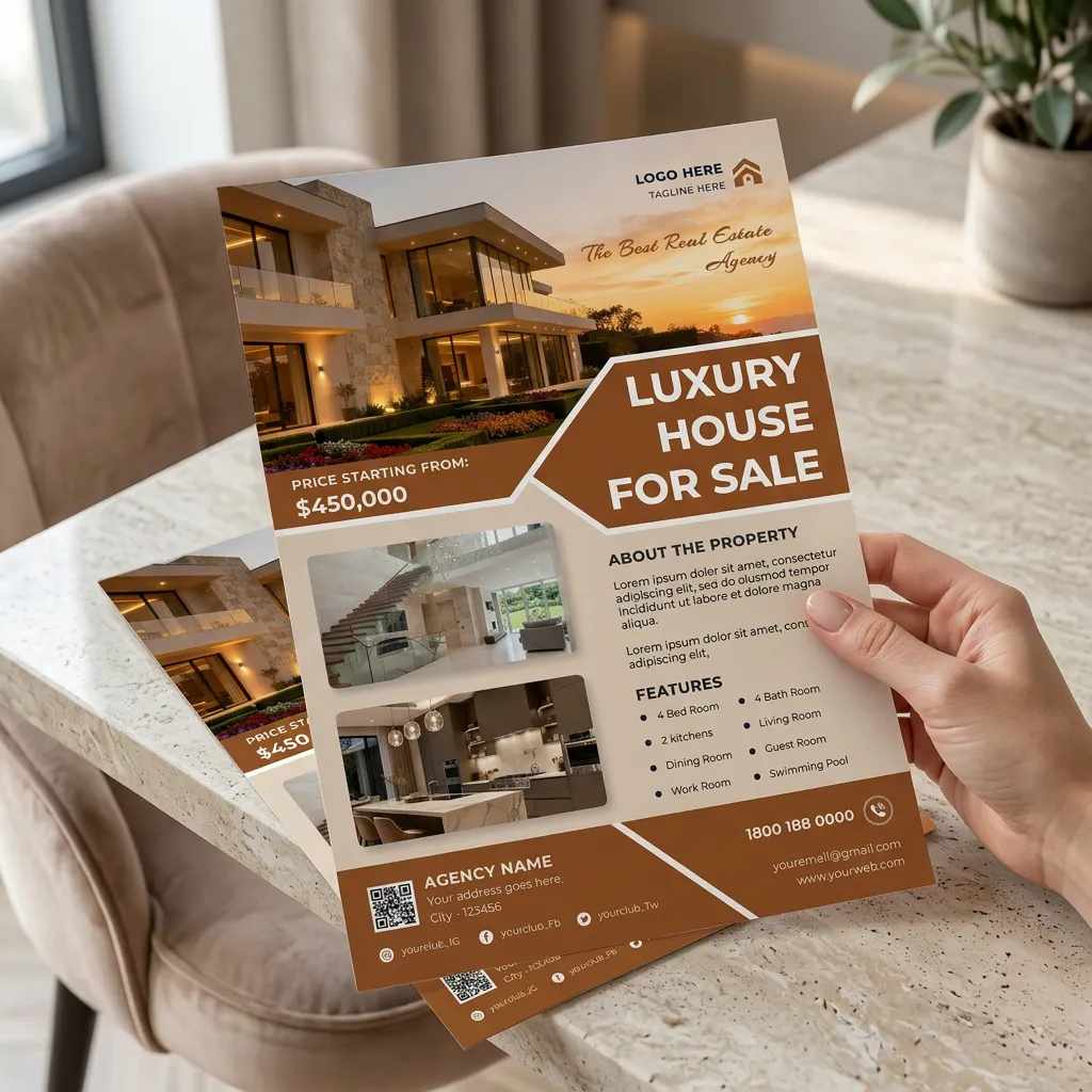 Real estate flyer template for luxury house sale with elegant brown modern design mockup two