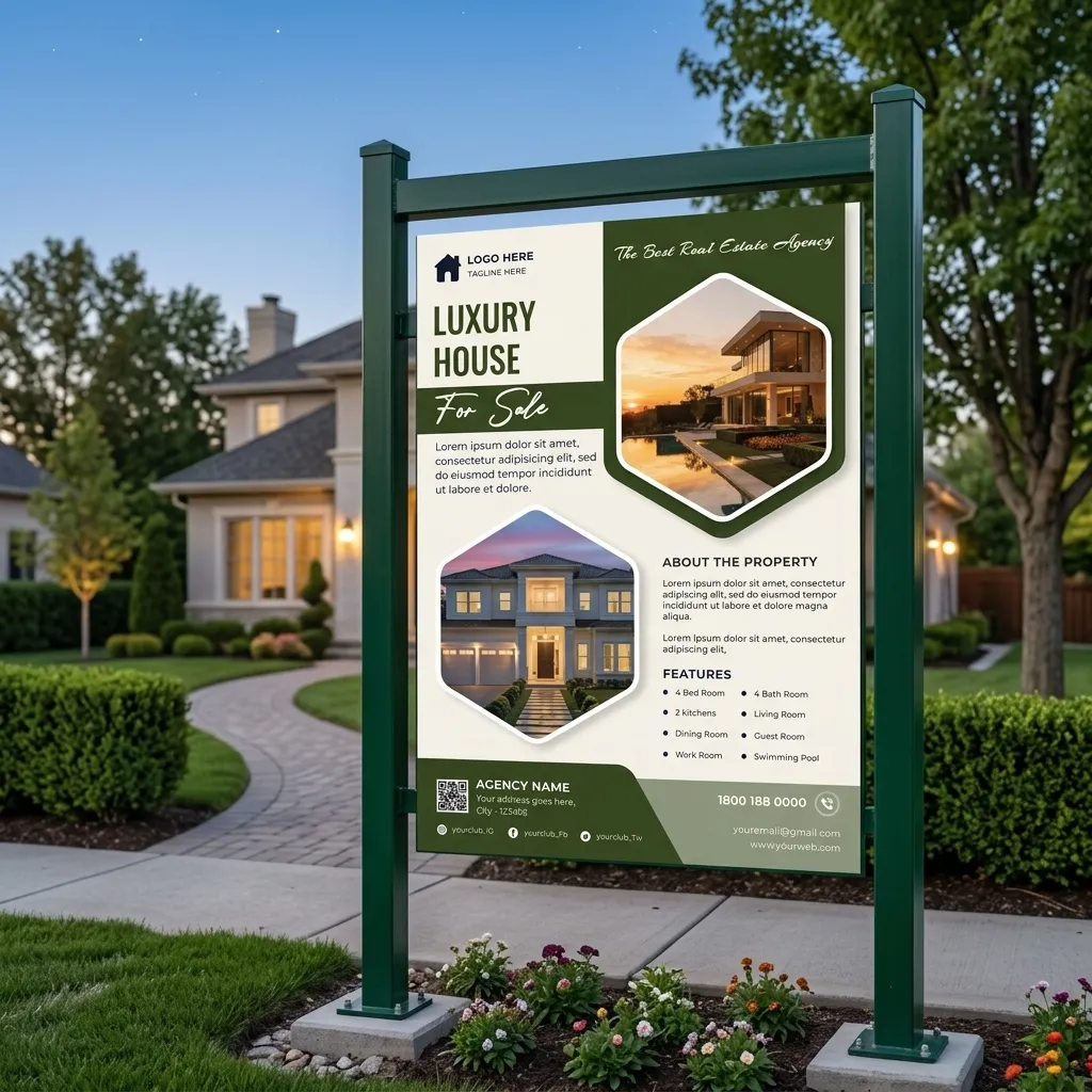 Real estate flyer template for luxury house sale with modern green design layout mockup one