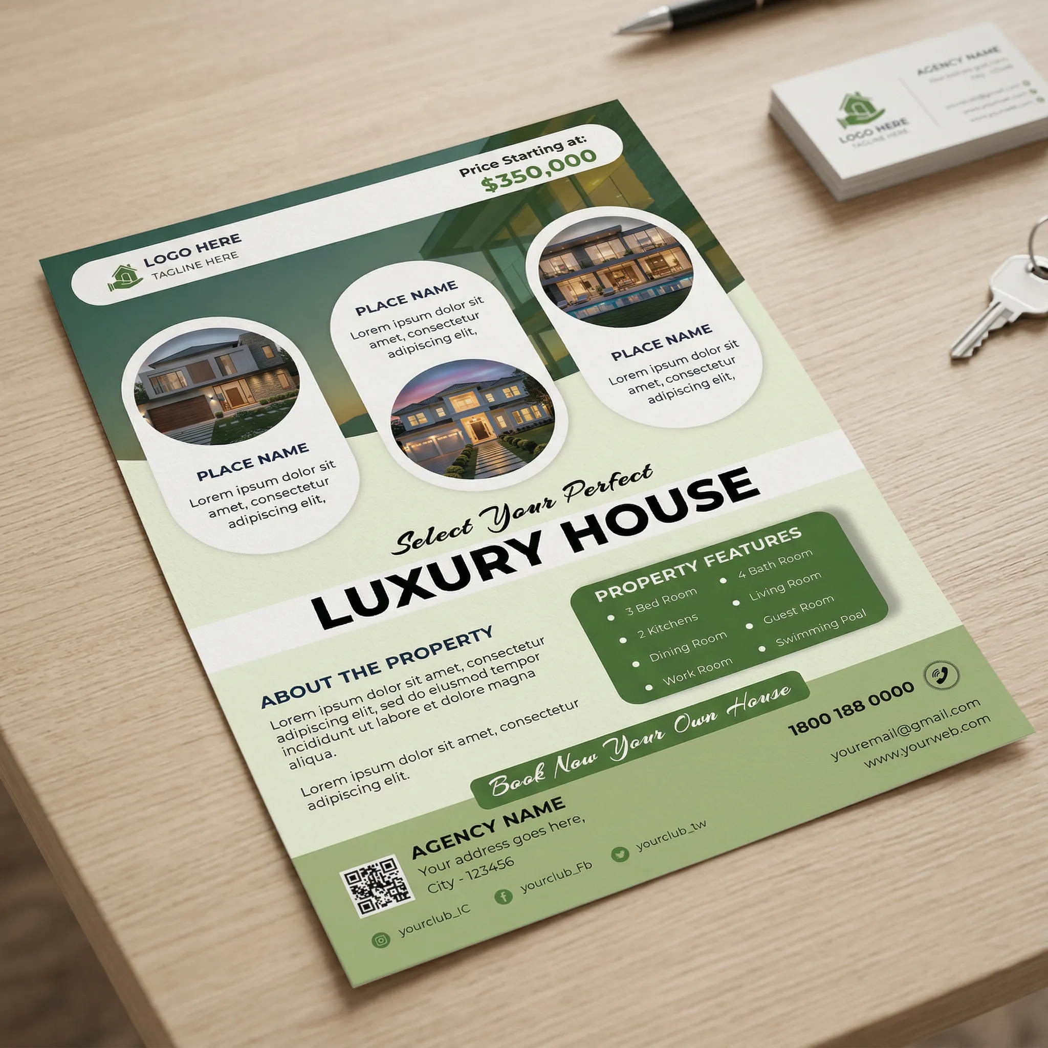 Real estate flyer template PSD editable for real estate agents luxury house listing brochure design mockup two