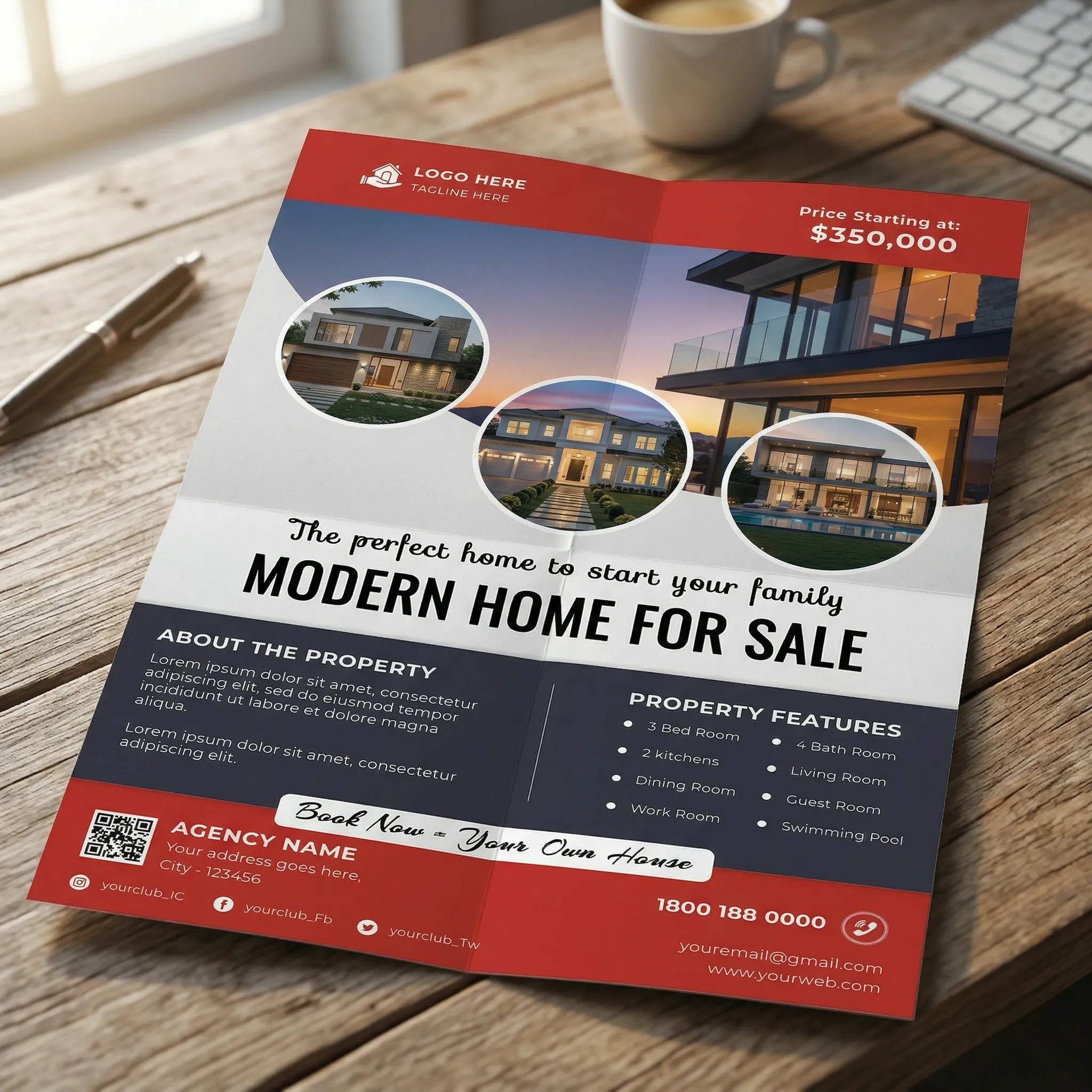 Real estate flyer template PSD for modern home sale editable property marketing brochure design mockup two
