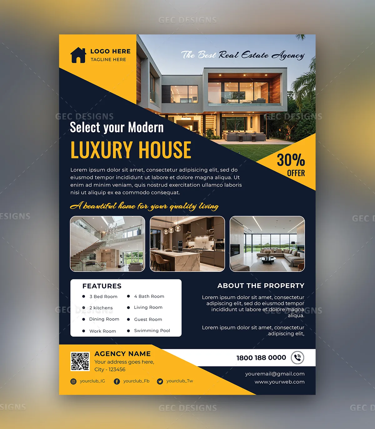 Real Estate flyer template PSD for modern luxury home sale advertisement brochure design