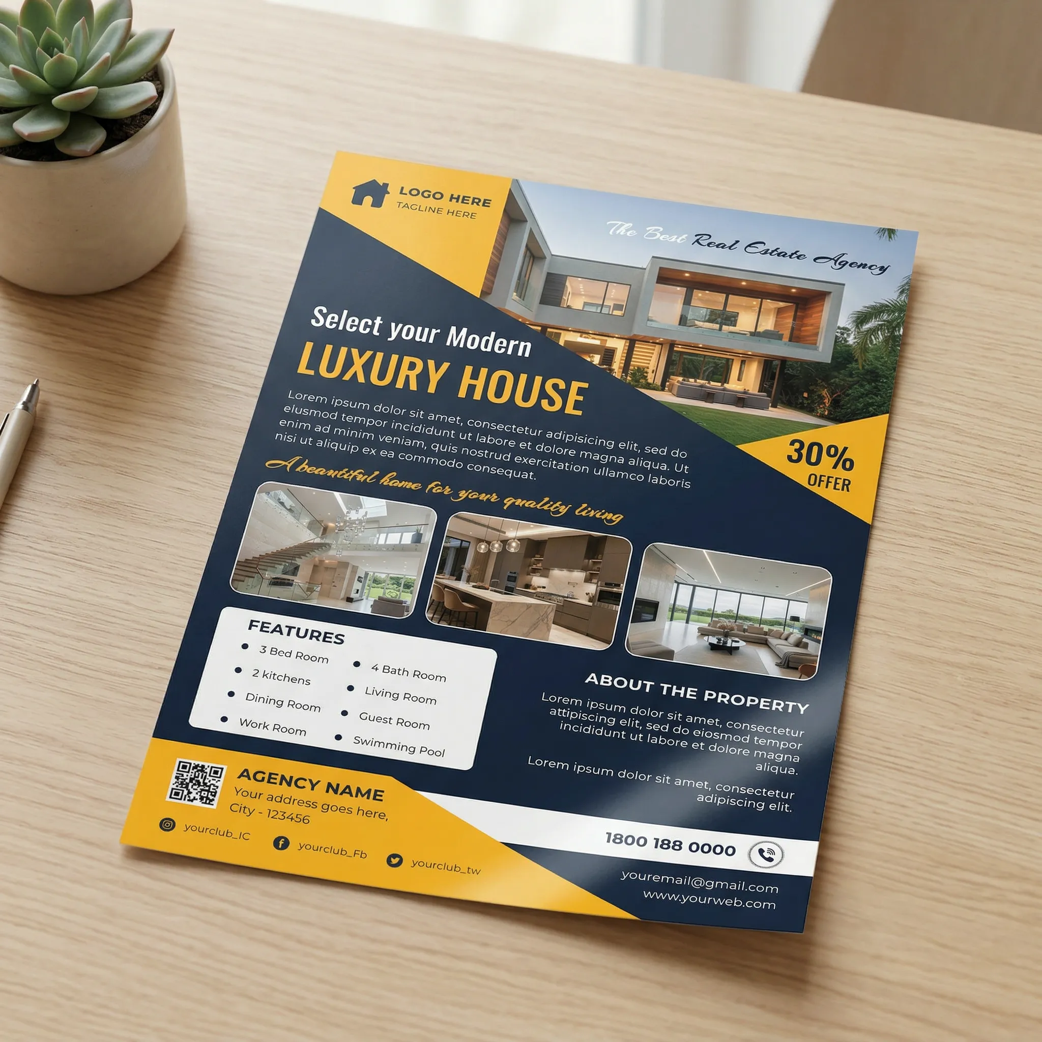 Real estate flyer template PSD for modern luxury home sale advertisement brochure design mockup two
