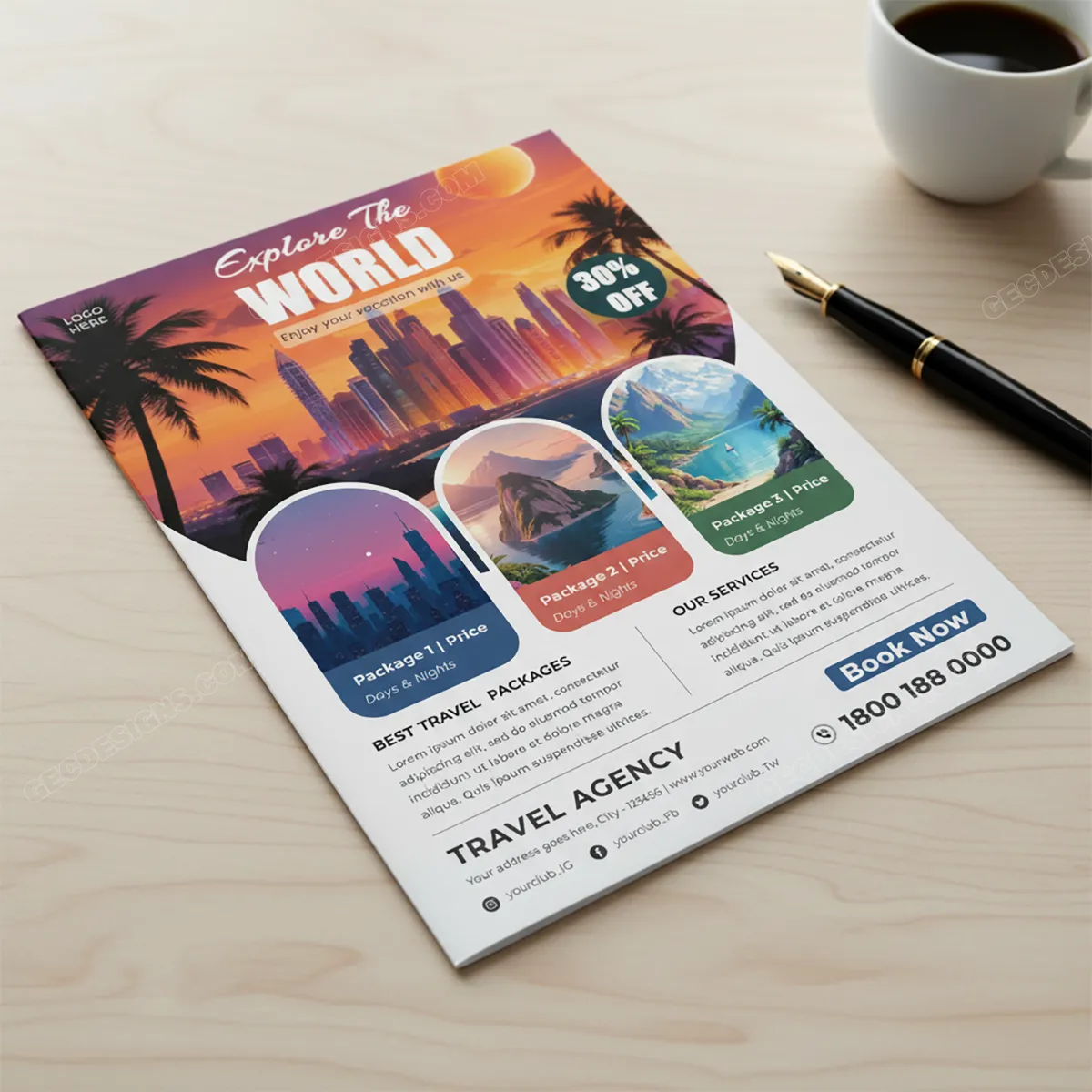 Travel Agency Flyer Template Psd For Vacation Packages Sr02032601 Mockup One