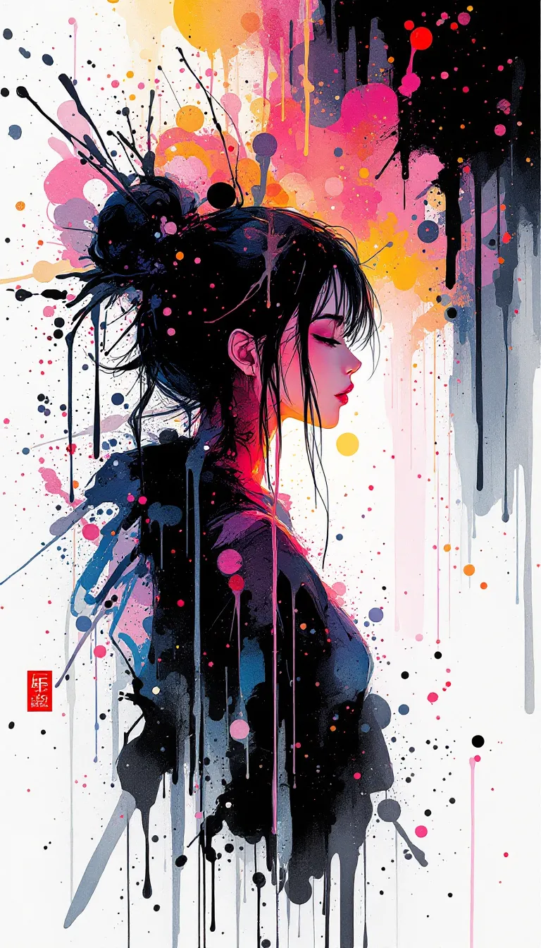 Expressive profile portrait with black ink splashes and vivid pink, blue and orange paint beside a five-color palette.