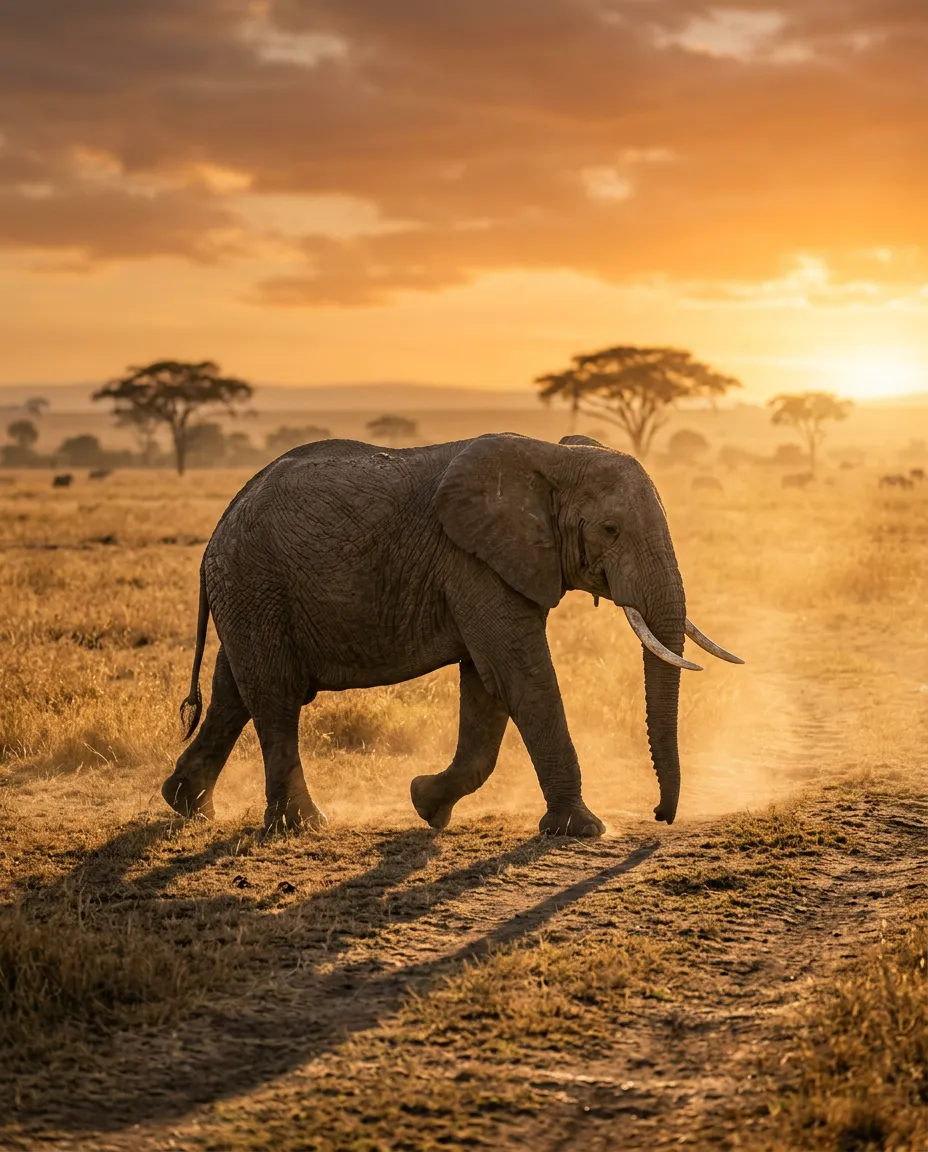 Elephant walking through golden grassland under an amber sky beside a five-color brown and gold palette