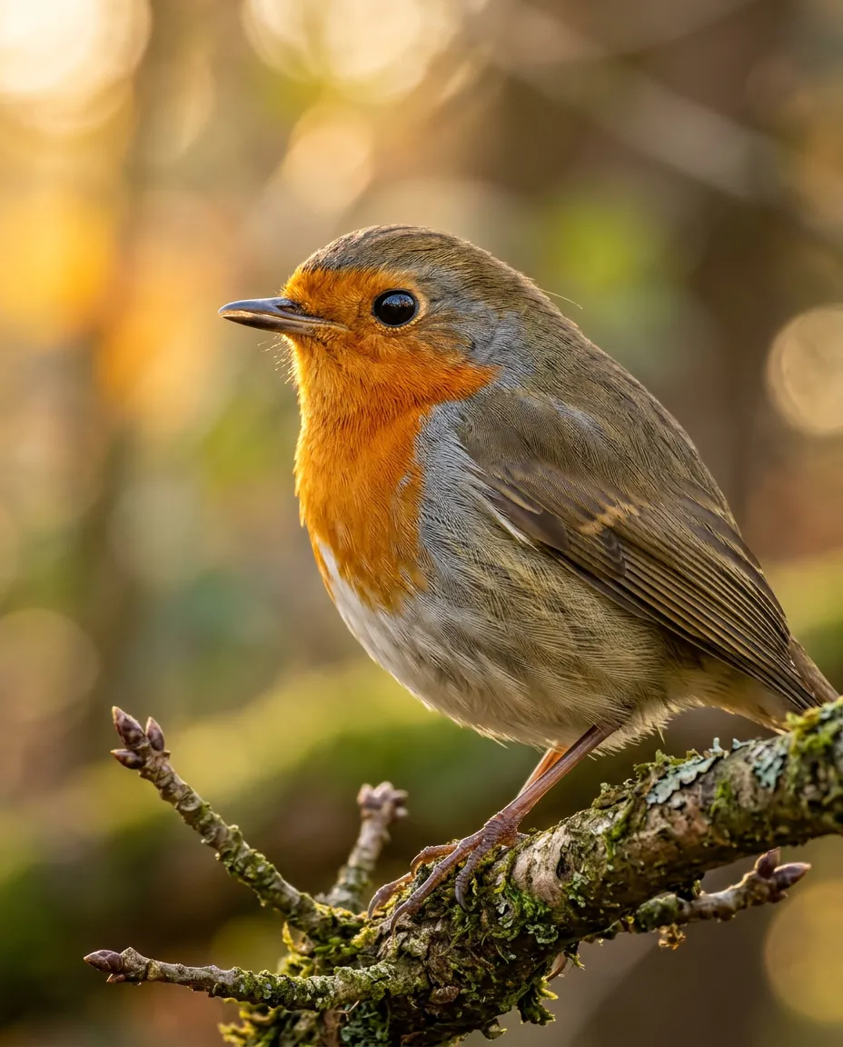 Orange-breasted robin perched on a mossy branch beside a five-color green and orange palette.