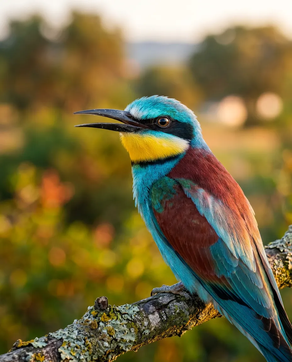 Colorful turquoise and yellow bird perched on a branch beside a five-color palette of gold, brown, blue and olive.