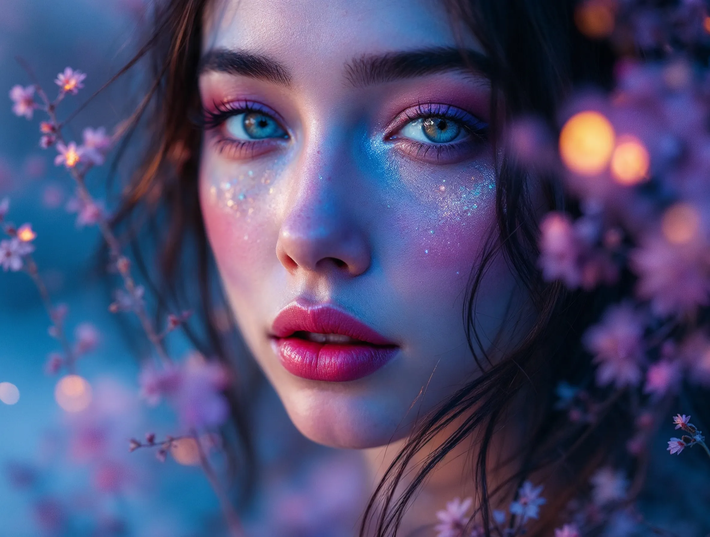 Close-up beauty portrait with pink makeup and blue lighting beside a five-color pink, mauve and periwinkle palette.