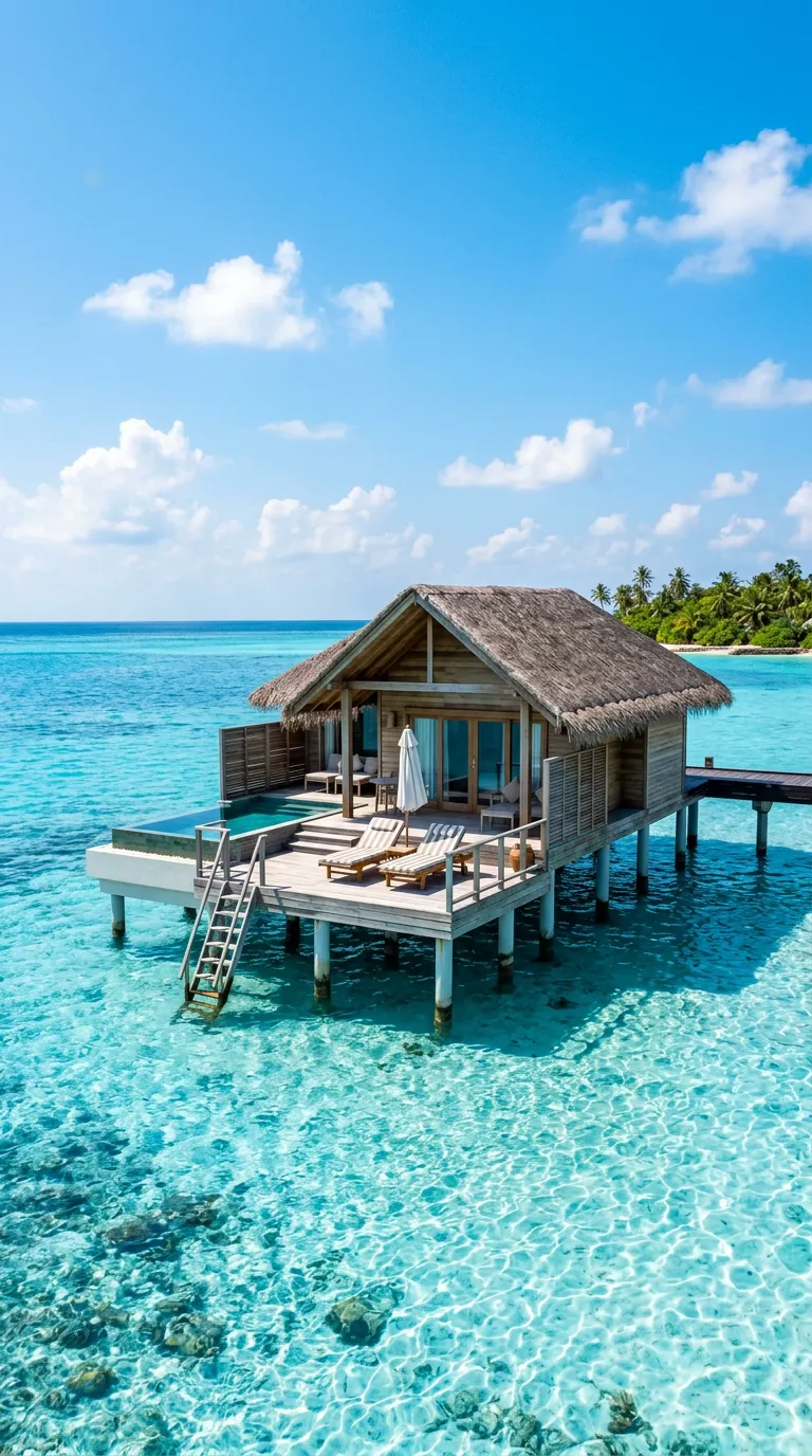 Overwater bungalow surrounded by clear turquoise sea beneath a blue sky, beside a five-color blue and aqua palette.
