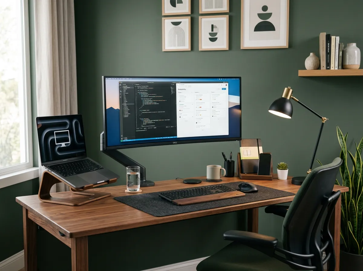 Modern workspace with code on a wide monitor, green wall and wooden desk beside a five-color muted palette.