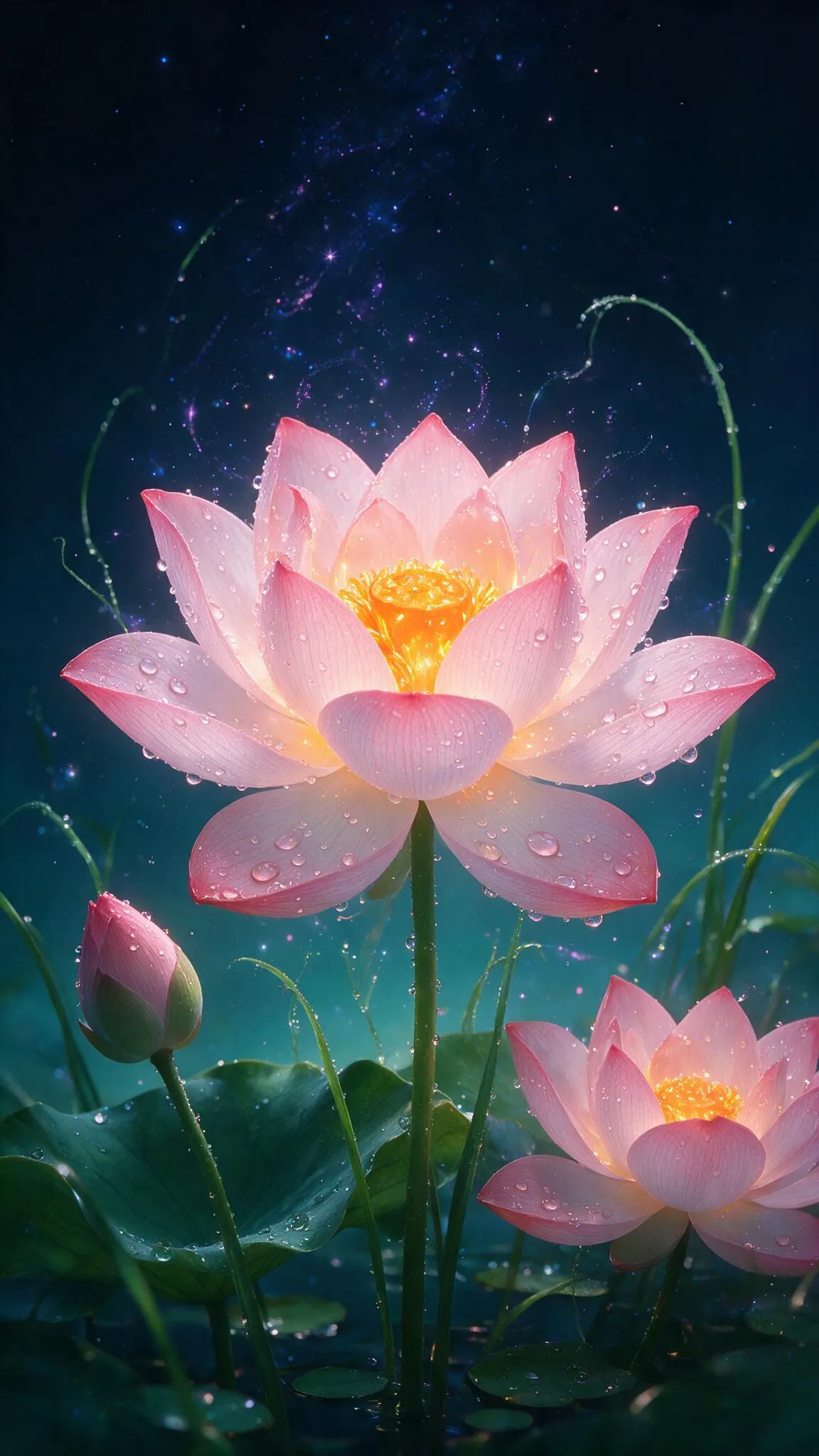 Glowing pink lotus with water droplets against a dark sparkling background beside a five-color palette.