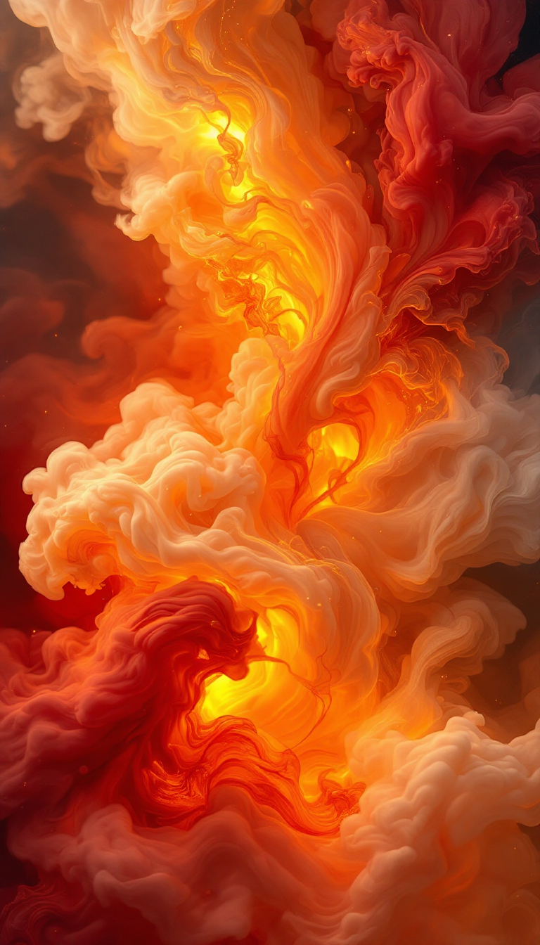 Abstract swirling forms in glowing yellow, orange, red and dark brown beside a five-color warm palette.