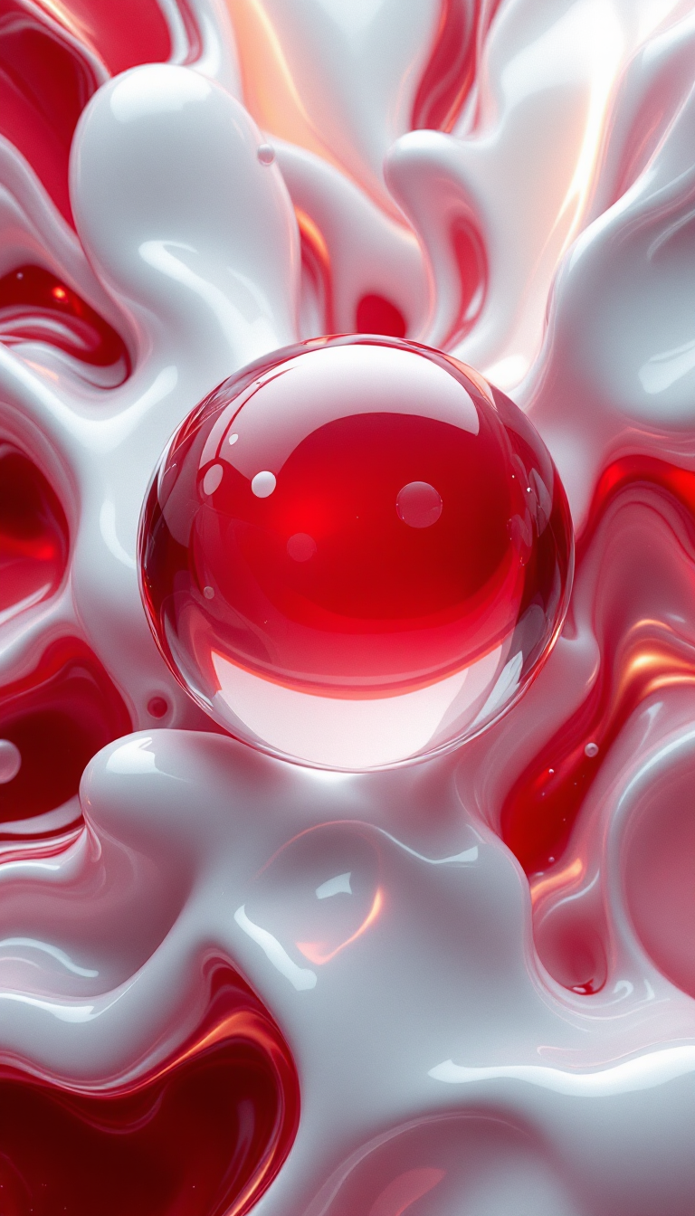 Glossy red sphere surrounded by flowing white abstract forms beside a five-color red, coral and gray palette.