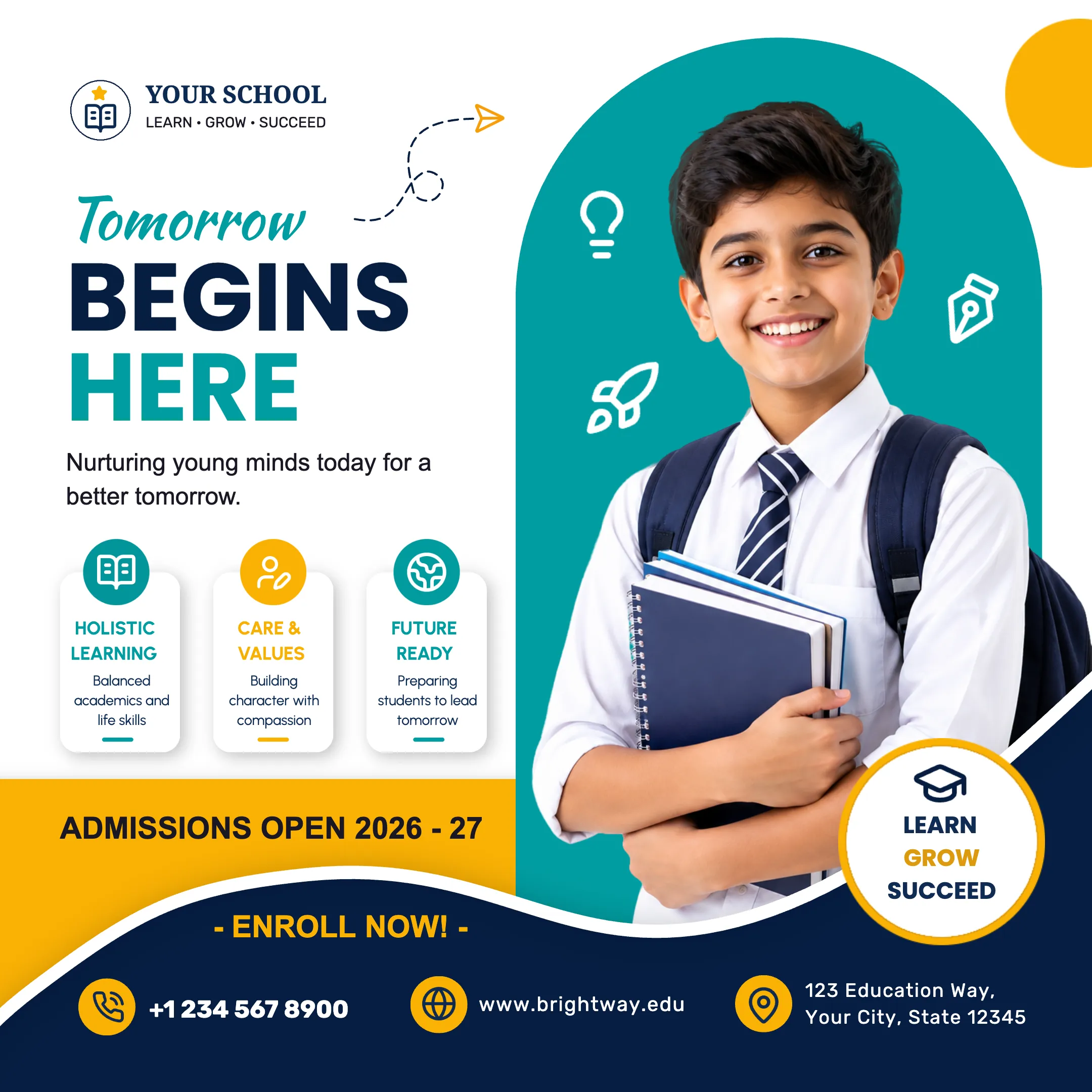 Tomorrow Begins Here School Admissions Social Media Poster Template