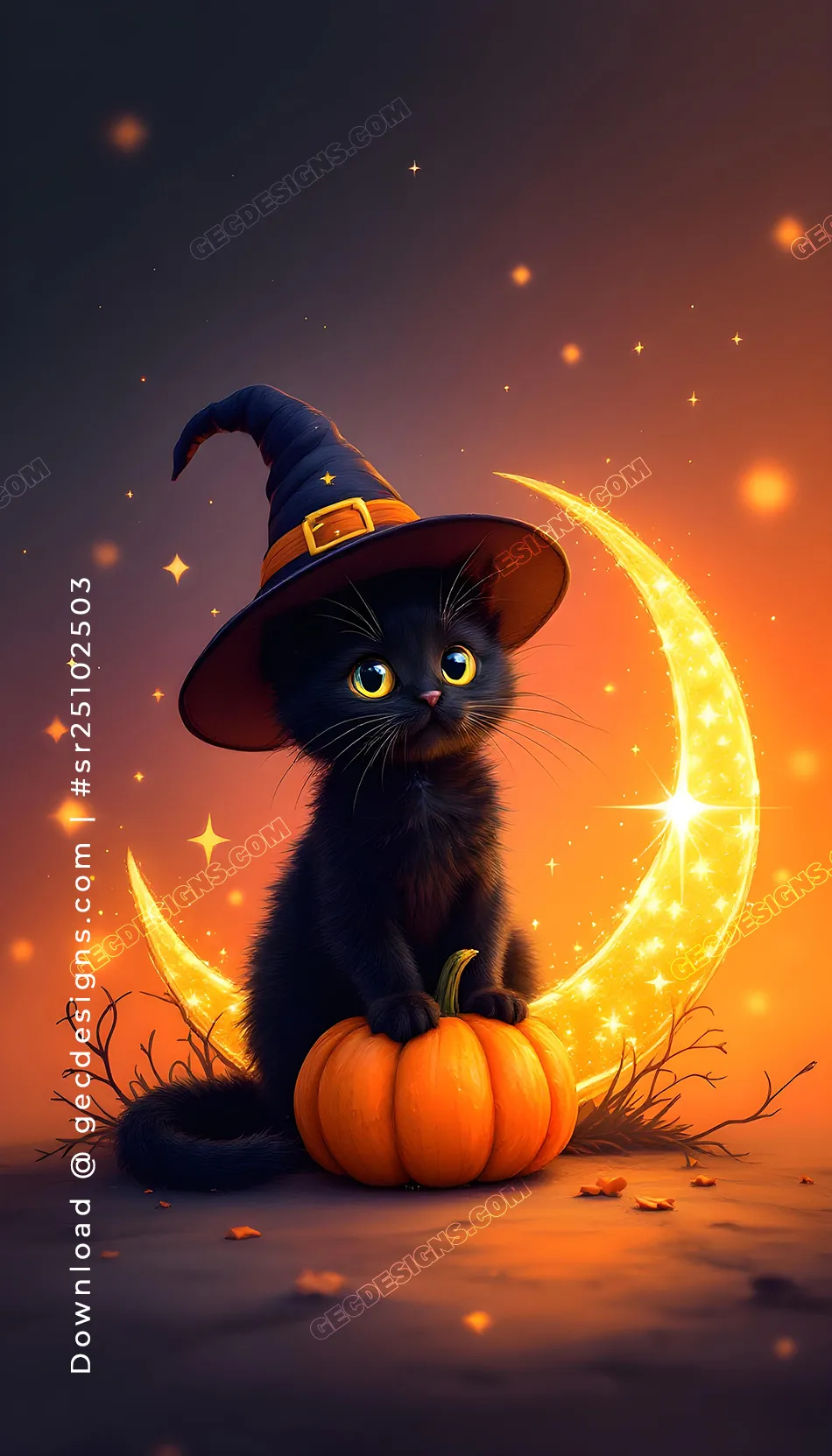 Cute Halloween Black Cat video, Witch Hat, Pumpkin, and Sparkling Crescent Moon Magic