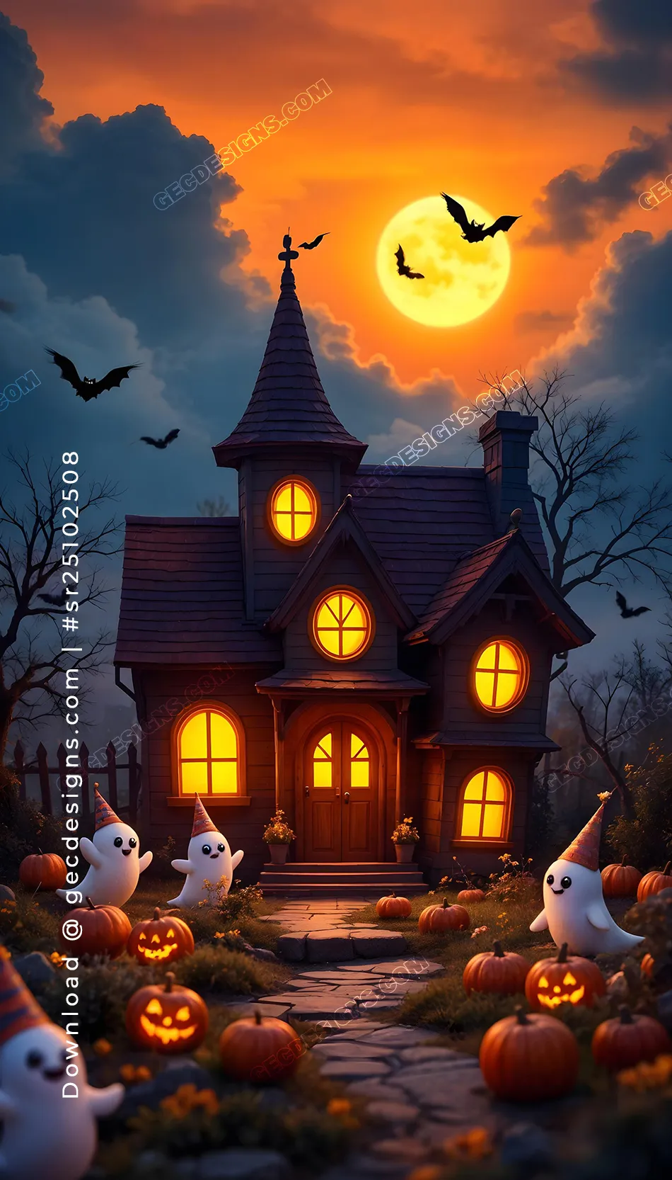 Happy Halloween Sunset Scene video, Cute Ghosts, Glowing Pumpkins, and Cozy Haunted House