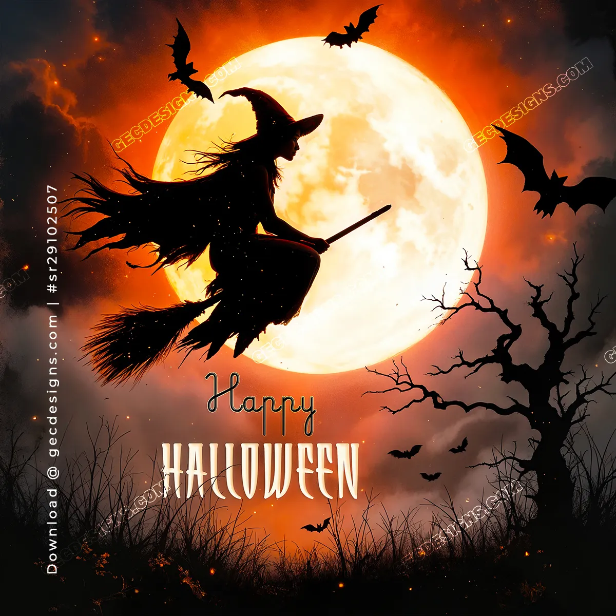 Happy Halloween, Witch Flying in Full Moon video, Spooky Night Sky, and Bats Silhouette