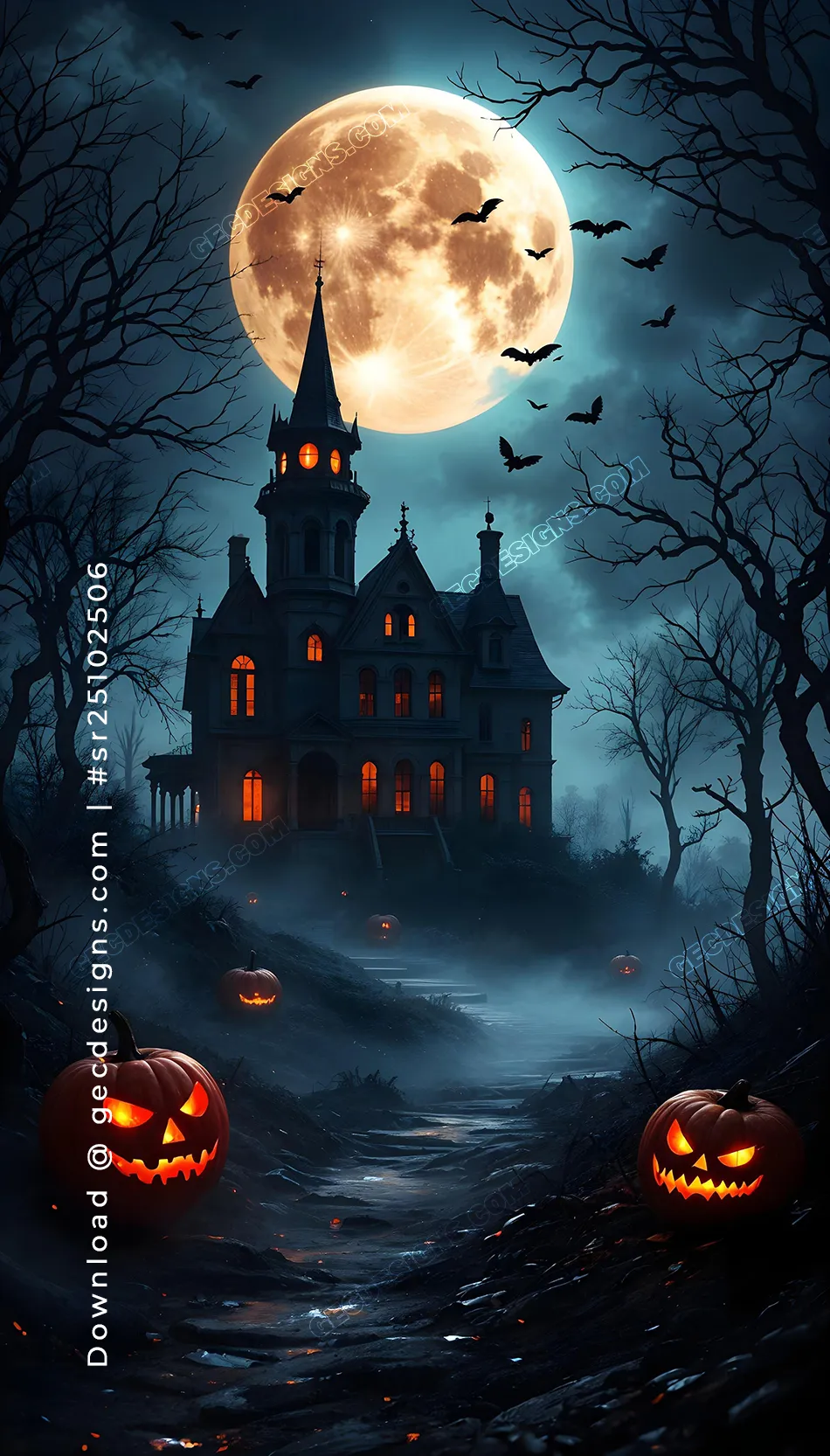 Haunted Halloween Castle video, Glowing Jack-o’-Lanterns, Full Moon, and Dark Spooky Night