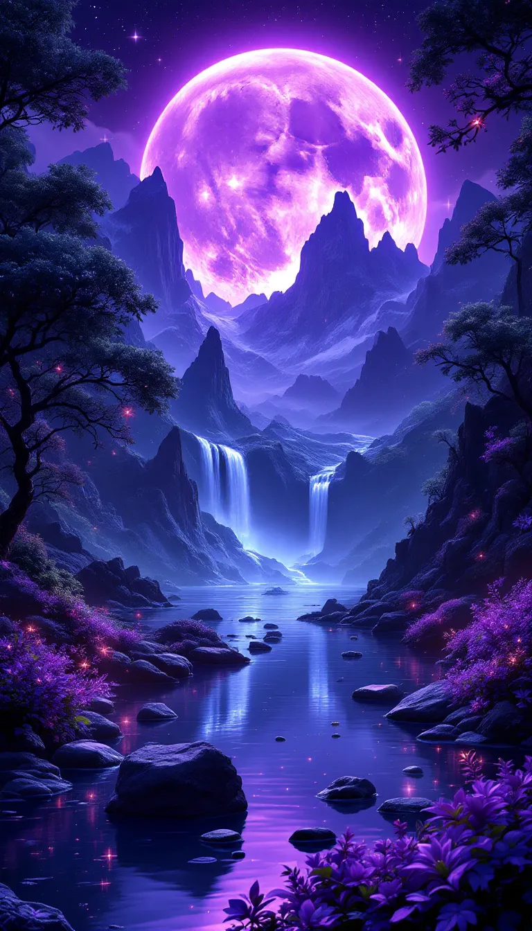 iPhone Live Wallpaper HD Video with Purple Moon Waterfall Landscape