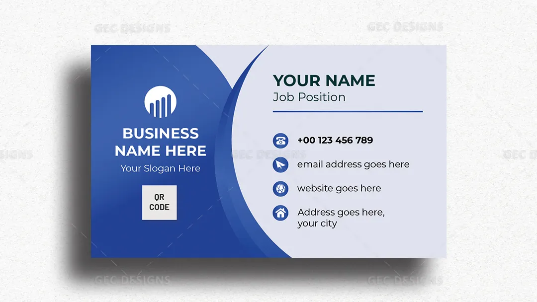 Blue Corporate Business Card Template with QR Code and Modern Contact Layout