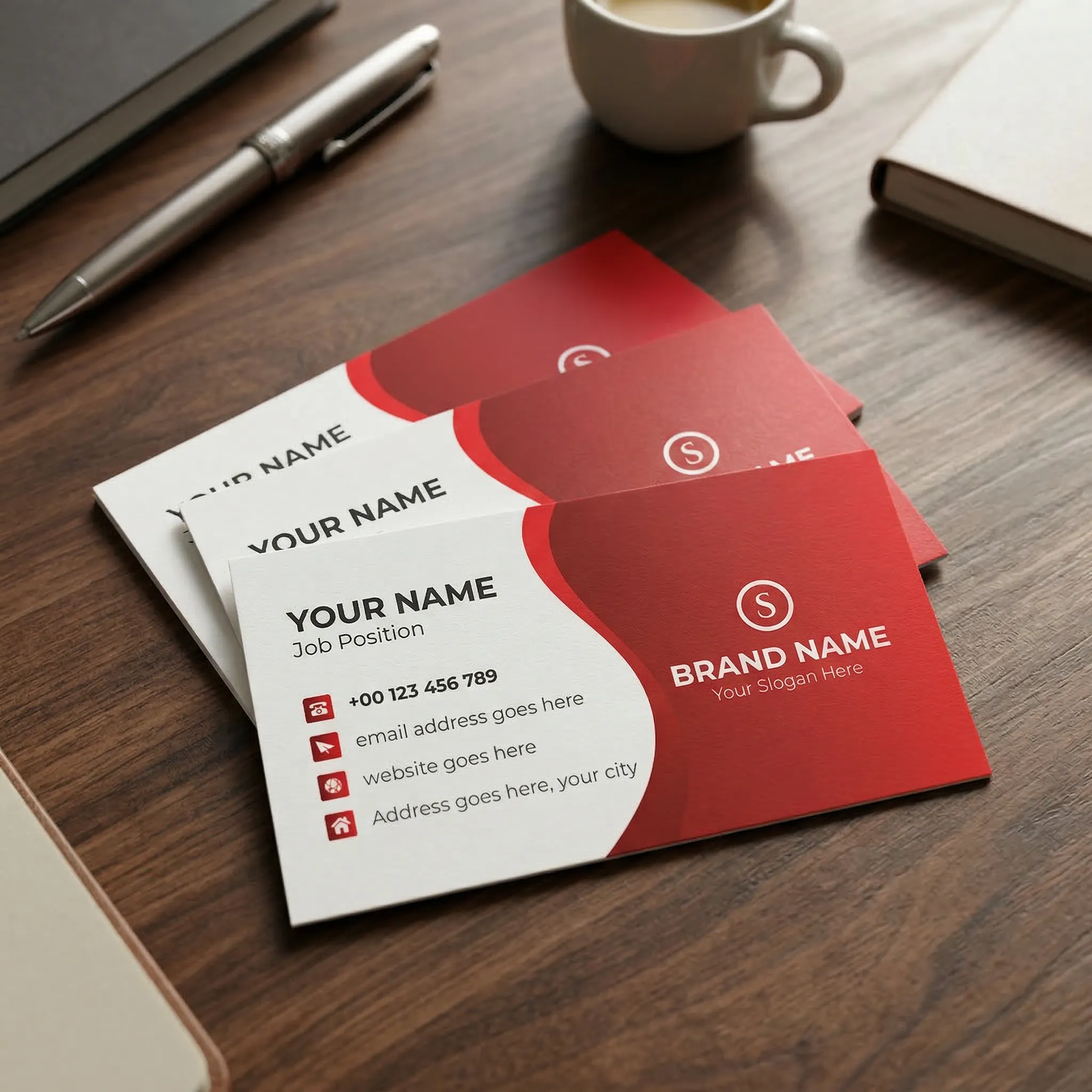 Bold Red Corporate Visiting Card Design With Modern Wave Layout Sr12032610 Mockup One