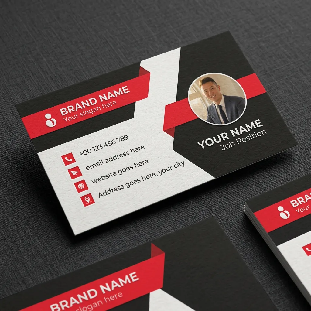 Business card template with photo and red black layout for professional branding