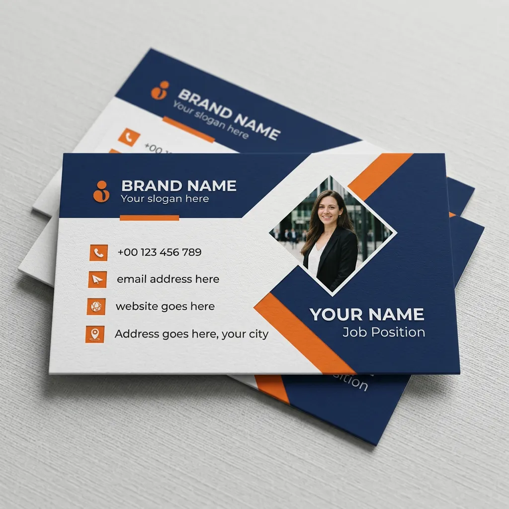 Business visiting card template with blue and orange layout for personal branding mockup one