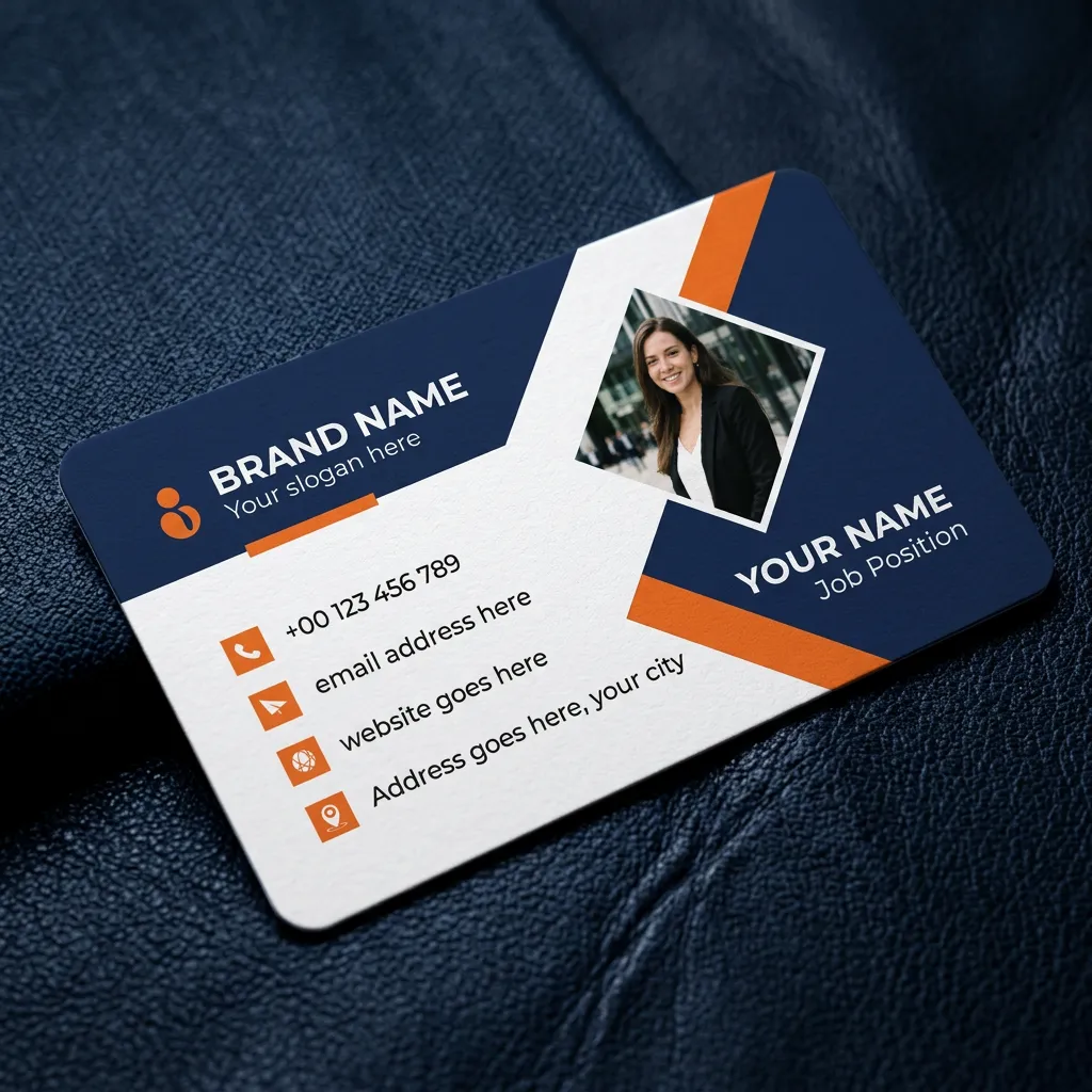 Business visiting card template with blue and orange layout for personal branding