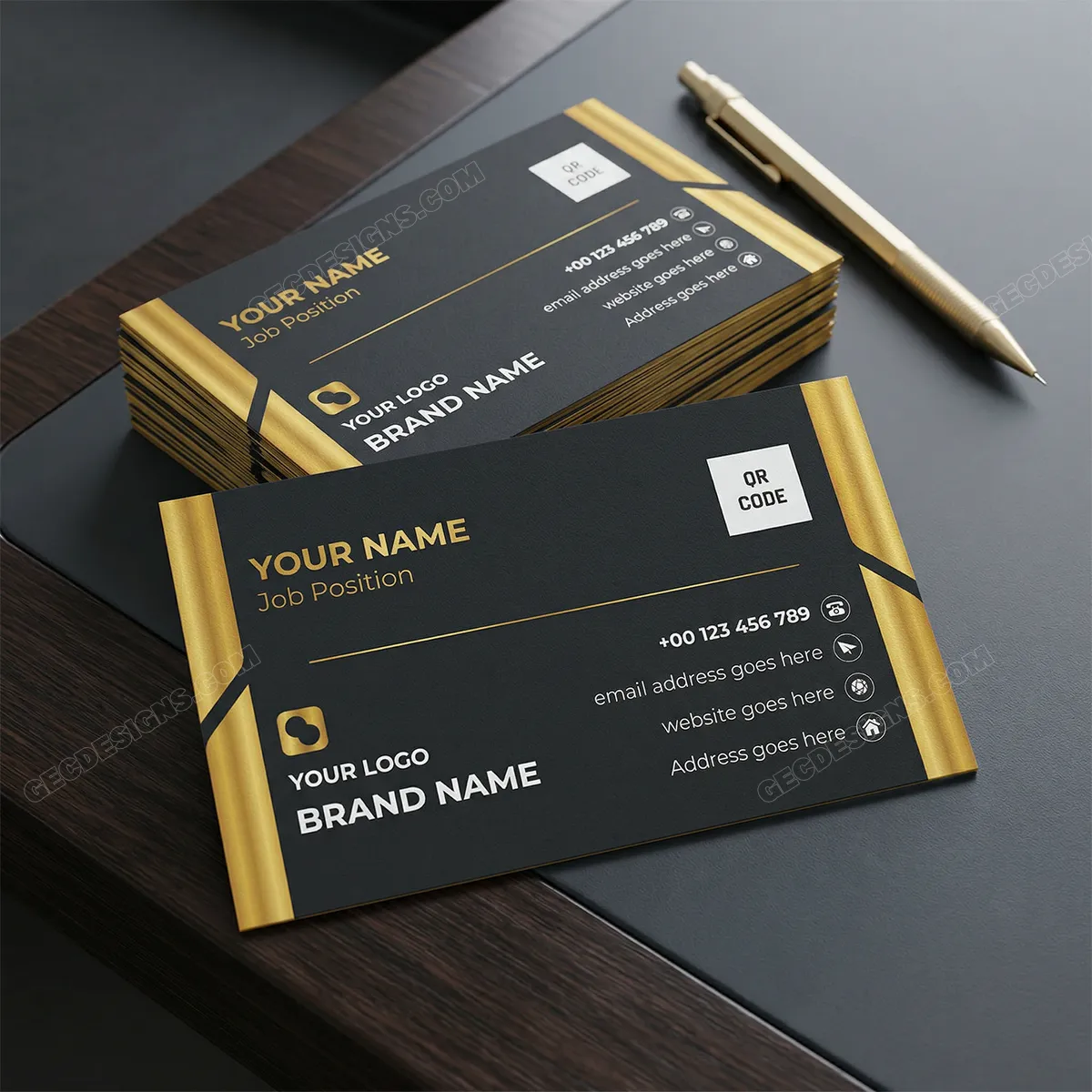 Elegant Black And Gold Business Card Template With Modern Qr Code Design Sr13112506 Mockup Two